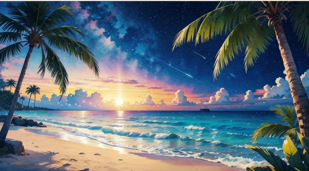 watercolor, anime, starry sky, beach, palm tree