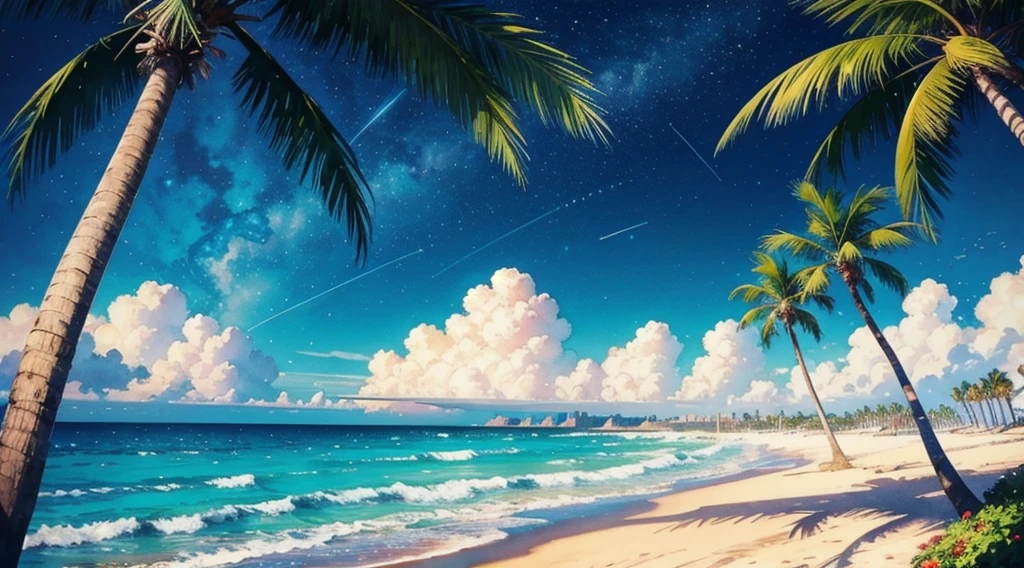 watercolor, anime, starry sky, beach, palm tree