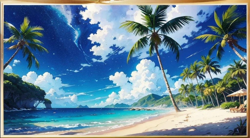 watercolor, anime, starry sky, beach, palm tree