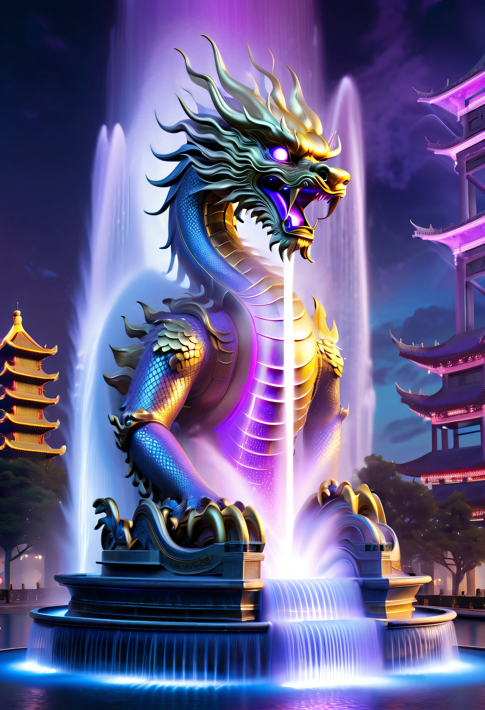 Spectacular futuristic sci-fi night fountain。Fountain erupts from steam engine,sparkling silver water column.There is a Chinese golden dragon spraying water in this water column,Emit purple energy,and emits a slight blue light,Make the entire fountain look mysterious and high-tech。 The shape of the water column in the fountain is also very futuristic.