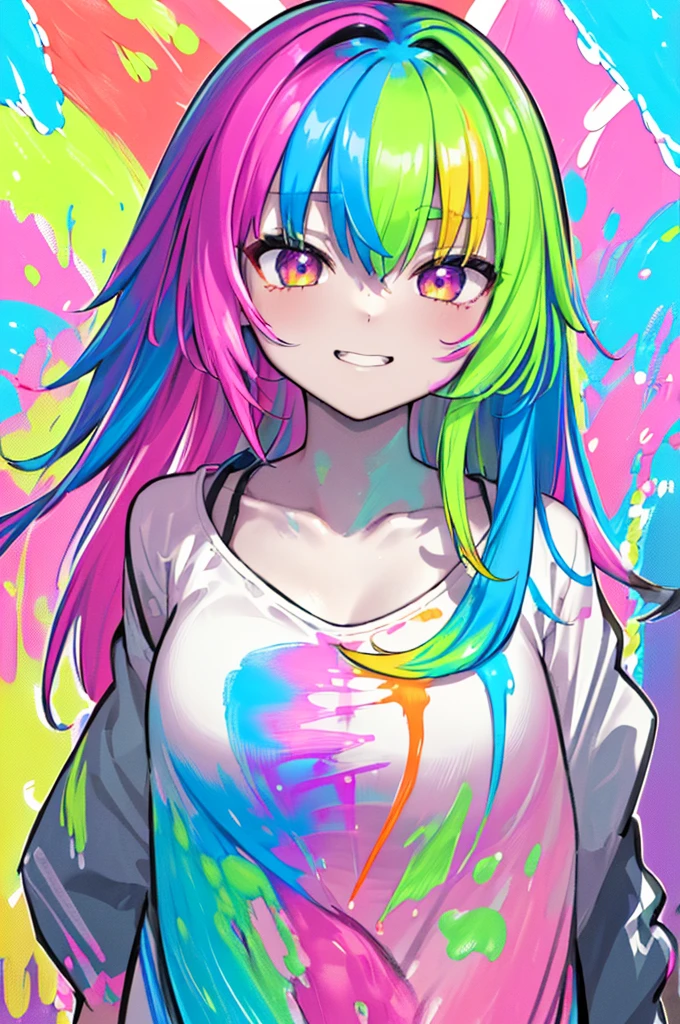 (masterpiece、top-quality:1.5、a high chroma:1.5、ultra-detailliert、high-resolution illustrations:1.5、Ultra-high-definition CG、8k size wallpaper、offcial art、production art)、Skin quality improvement,,((Vivid Color:1.5))、(colourfull),((Fluorescent color:1.5)),((doodle:1.7))、((Multicolored fluorescent colors for costumes((scattered in large quantities)).:1.7))、((faces, Body, paint on clothes:1.8))、tilt of the head、((colorful fluorescent hair:1.7))、(doodle)、(close to viewer:1.5)、(single bare shoulder sweater long:1.2)、(Eyes are blue)、(girl with)、medium breasts、(Very short hair),(Excited eyes),(Gradient Eyes)、(grinning evily:1.3),(Cowboy Shot),(),(Standing)、()