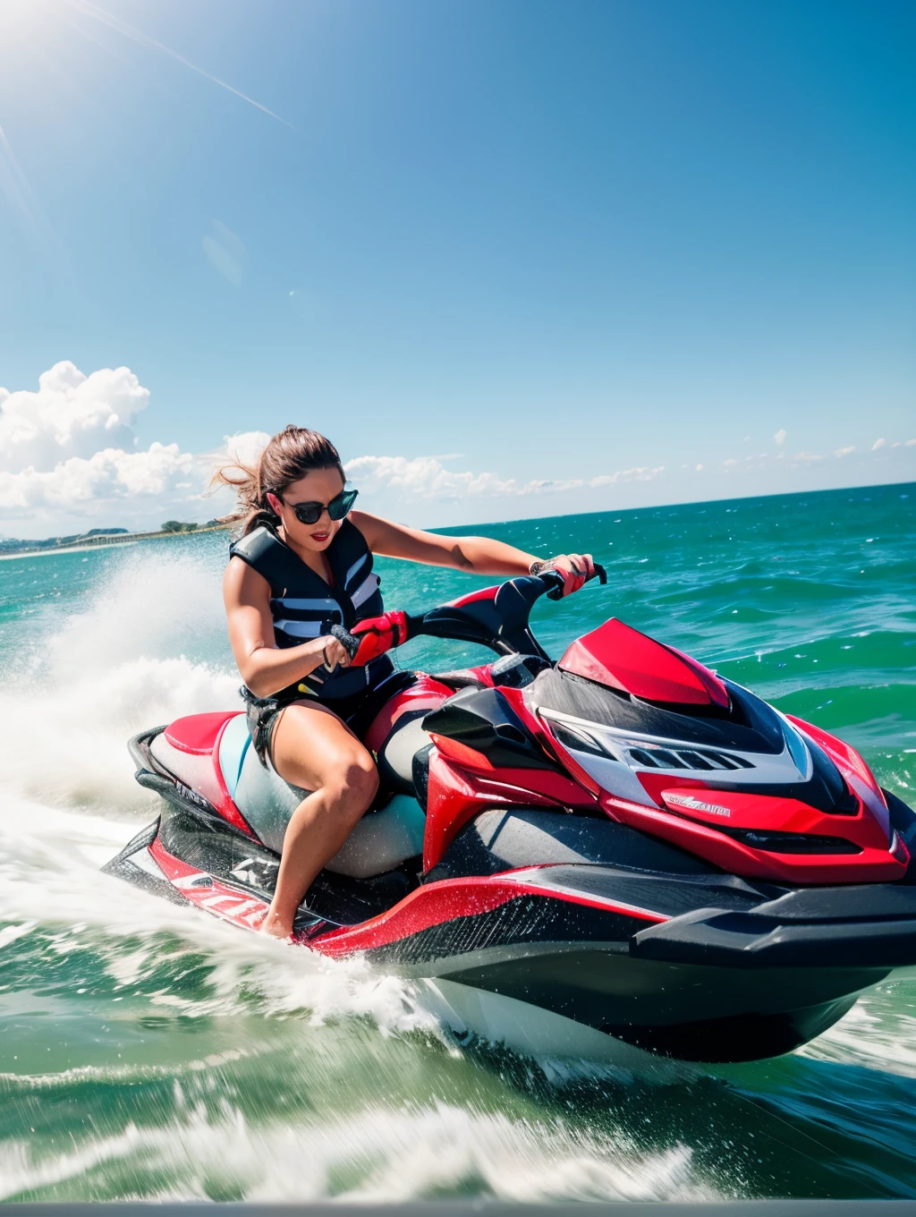 (8k Ultra HD, masterpiece, best quality, details: 1.3), highly detailed RAW color photos, professional photos, ((perfect proportions))), (((anatomically accurate)  )), (sharp focus), ((dark makeup, red lipstick, eyeliner, cheveux noirs moelleux, Hair lighting, bright lighting, expressive eyes)),riding a jet ski SEADOO 300 product  Exported in 2023 at sea
