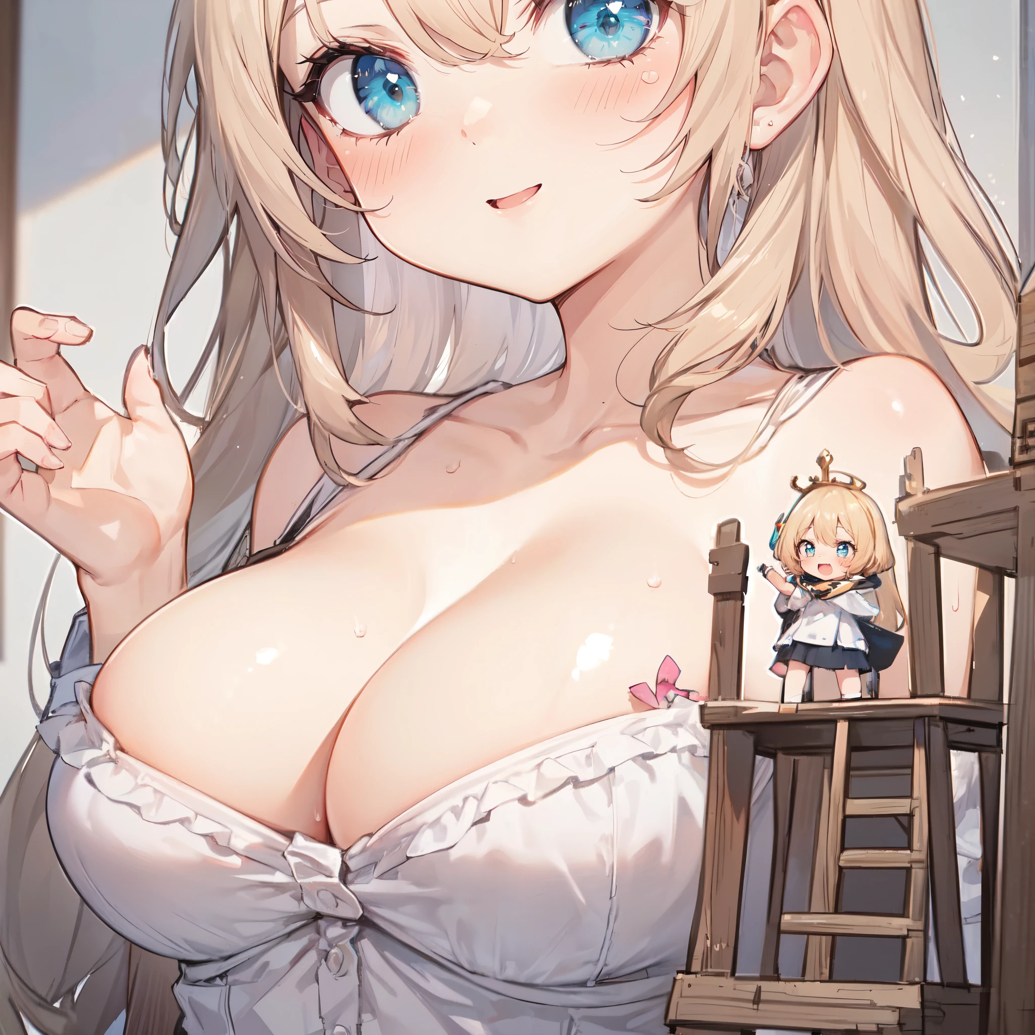 a minigirl on a platform in front of a giantess, a minigirl on a tiny platform in front of the breasts of a giantess, wooden,
huge (breasts:1.1), tall,
(rear end: 1.2), (2girls:1.8), (minigirl:1.1), shiny skin, sweaty, ((masterpiece)), happy, >:D, scared