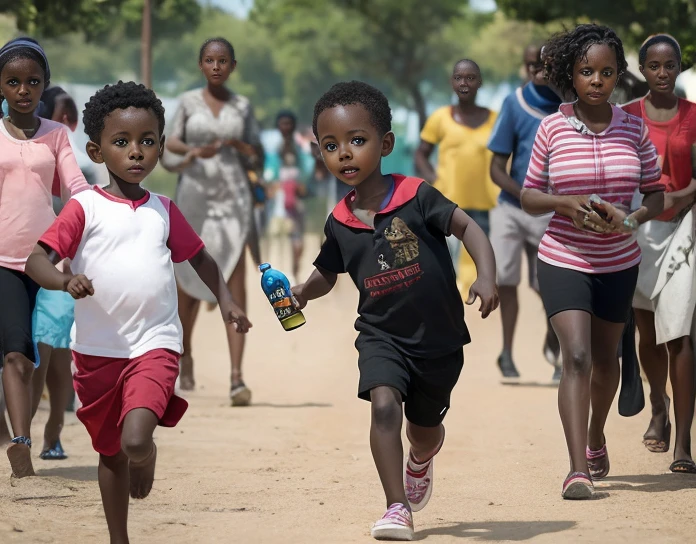 Draw a child of 2 years old is running holding a bottle of awine ( written geness) on his hand, at the back his mother is coming quicly to catch him closely when he is running. Both mother and child must be a black African, with realistick face and skins, real materials, and on public area surrounded behinds by the people looking them wondering them.