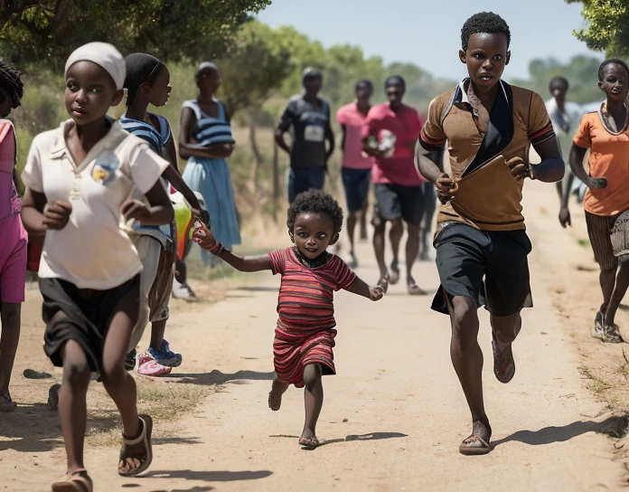 Draw a child of 2 years old is running holding a bottle of awine ( written geness) on his hand, at the back his mother is coming quicly to catch him closely when he is running. Both mother and child must be a black African, with realistick face and skins, real materials, and on public area surrounded behinds by the people looking them wondering them.