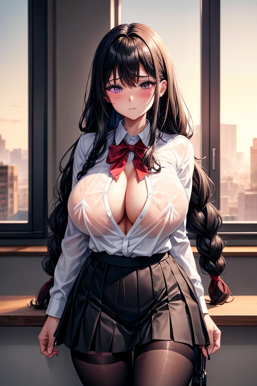 hi res, masterpiece, 8k, nsfw, school girl, very young girl, curvy body, massive tits, extra size tits, sagging tits, black single long braid, long bangs that cover half face, purple eyes, embarassed face, troubled expression, semi closed eyes, white unbutton shirt, black blazer, red ribbon, black pleated skirt, black pantyhose, see-through black panties, black pubic hair, lifting skirt, classroom, sunset, front view