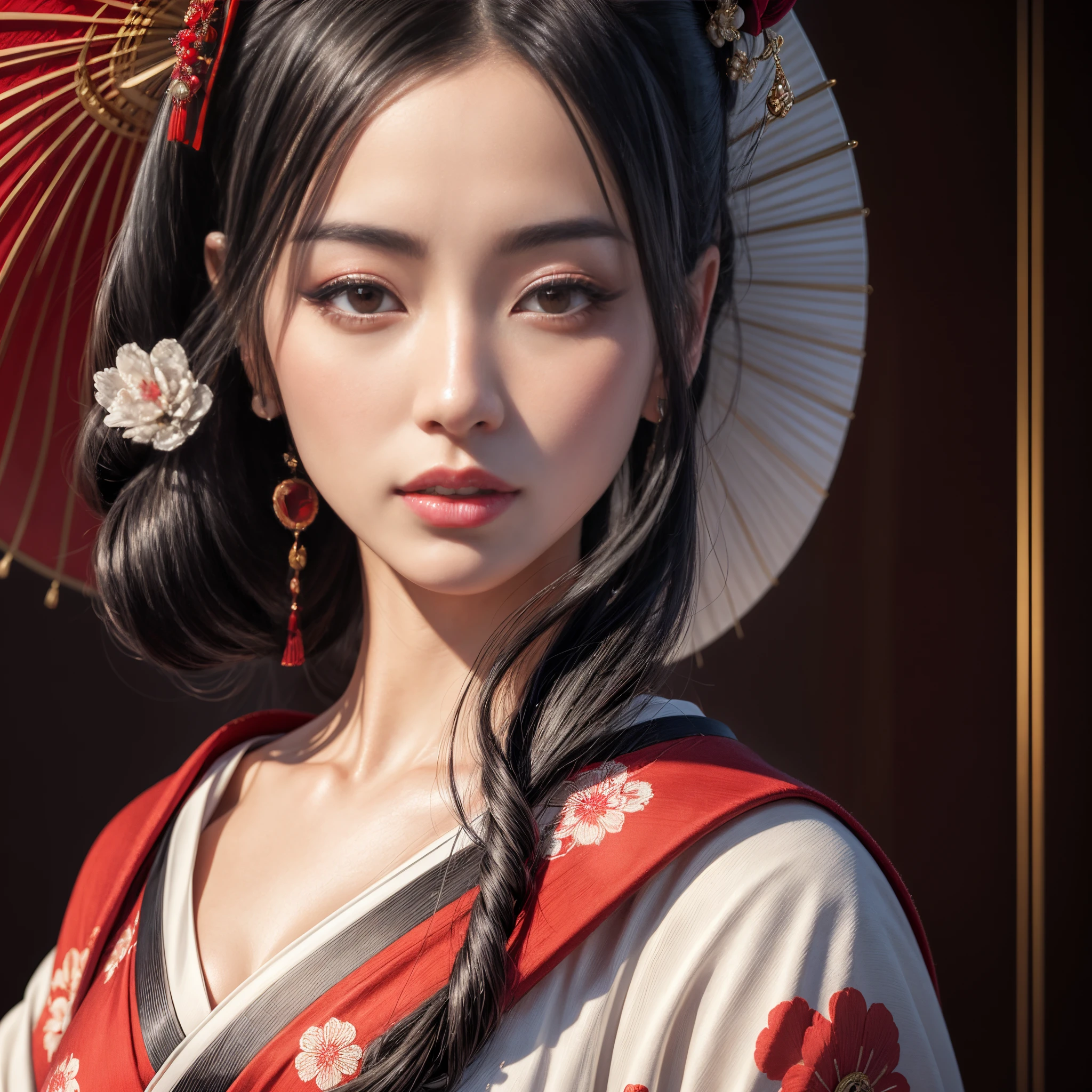 a very beautiful geisha, with black hair, full lips, beautiful eyes, wearing earrings, wearing a red kimono with a white lapel, wearing gloves, holding a whip in her hand, She is holding a whip, beautiful realistic geisha, image of a beautiful geisha hyperrealistic, beautiful realistic digital art with intricate details, beautiful detailed photorealistic art, stunning digital art of pure realism, elegant Japanese woman, exquisite realistic art of a geisha.