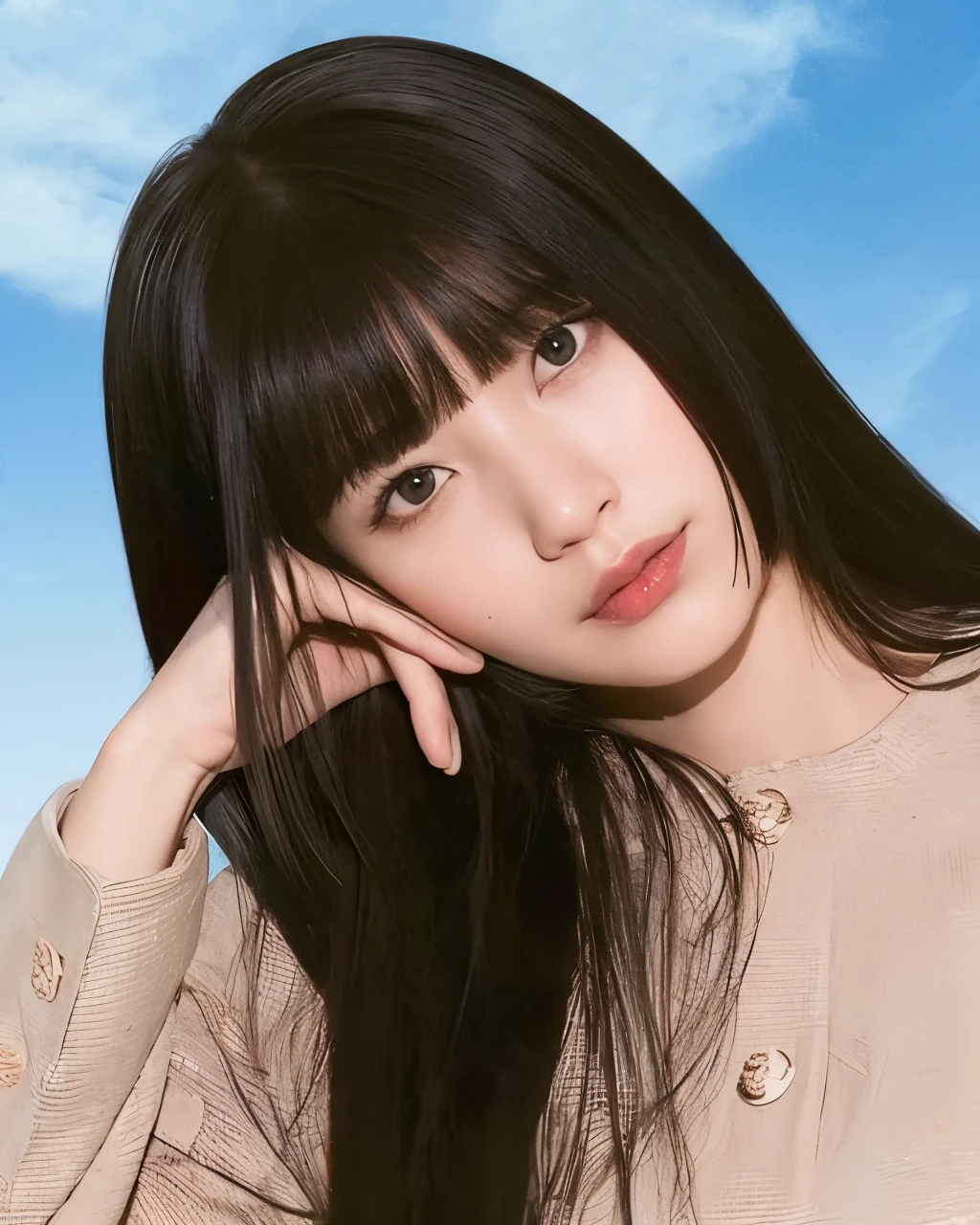 There's a woman with a necklace and a white shirt, Sui Ishida com cabelo preto, branco hime corte penteado, O corte Hime, Directed by: Torii Kiyomoto, Kotegawa Yui, Shikami, Ela tem cabelo preto com franja, Shiori Teshirogi, preto hime corte cabelo, Chiho, Bae Suzy Lee Doona