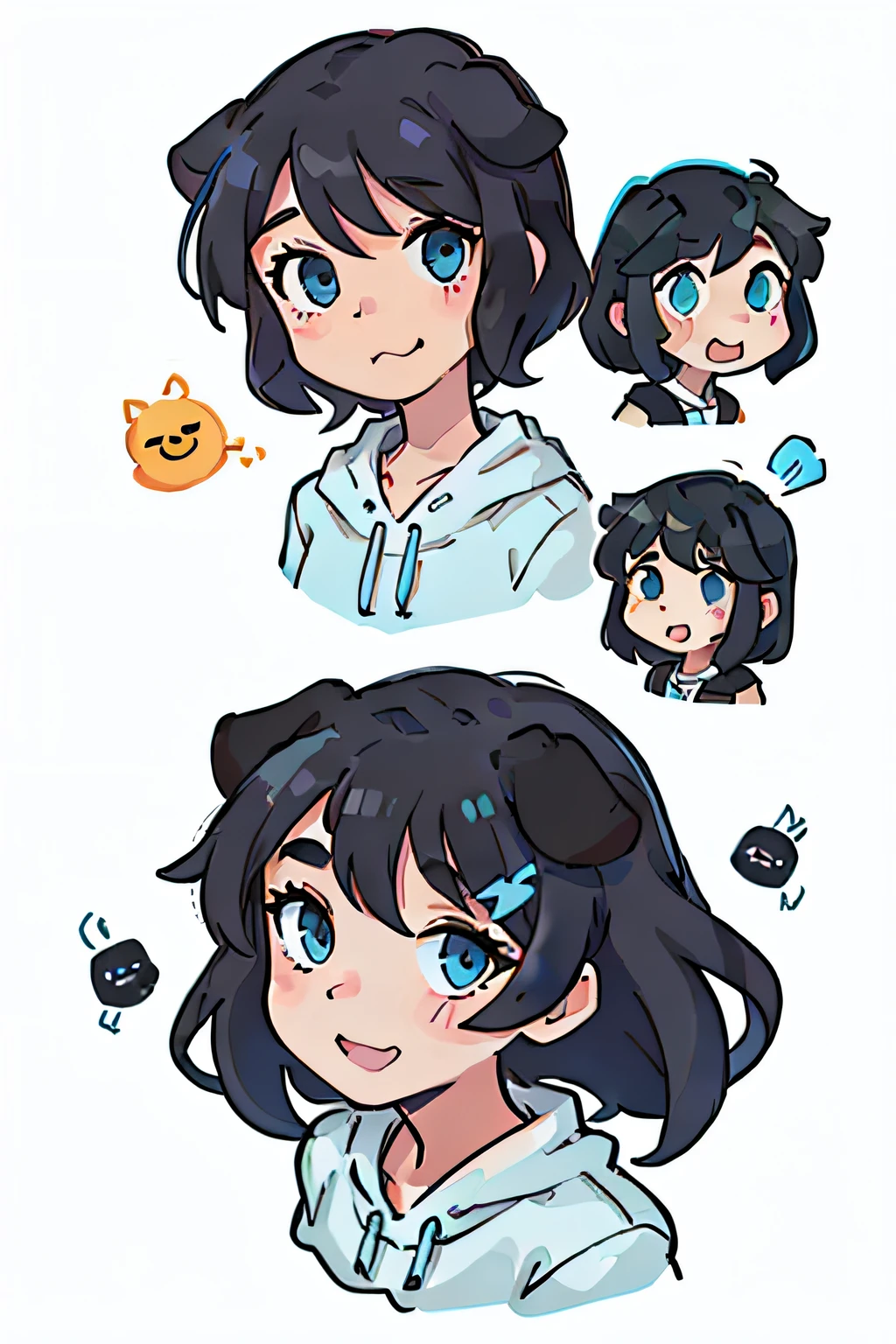 Cute puppy,black color hair,black dog ears,light blue eyes,all kinds of expressions,worthy of pride,Proud,Keep your mouth shut,smilingly,Laughter,Expressing the,adorable eyes,white BE, illustration nii 5 style cute, emoji as illustration set, It has a bold comic line style,
Dynamic pose deep white,,F/64 group,related characters,old meme kernel