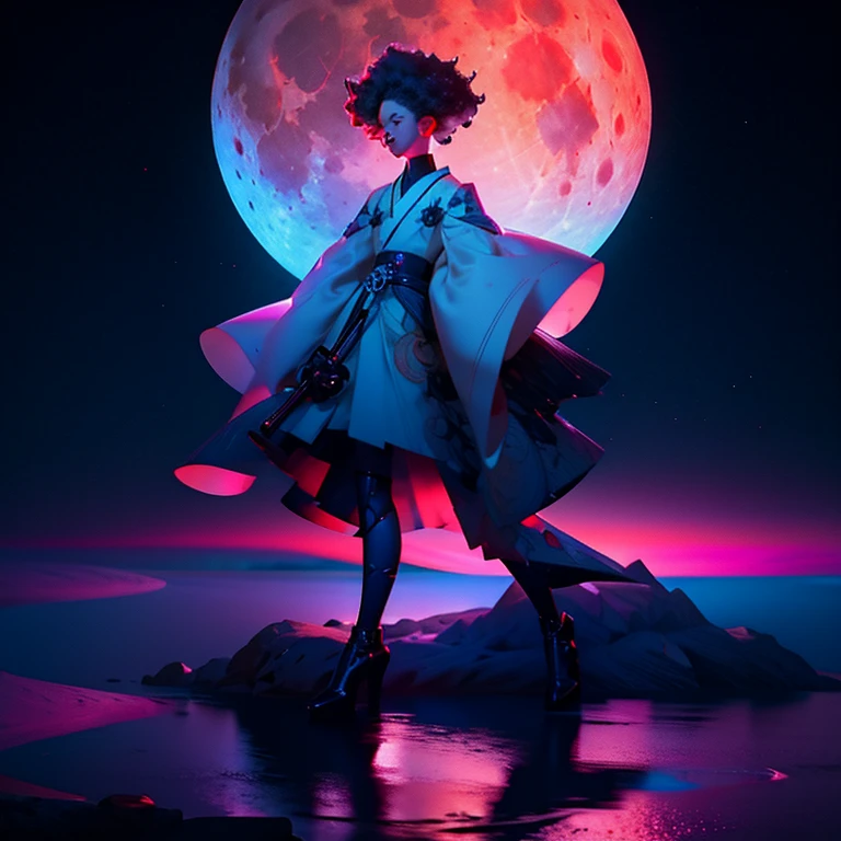 Afro samurai girl,holding a katana in ascendente movimento,detailed, walking under a translucid lake,lunar  BLUE light, illuminated by a big fullmoon over the lake, giant moon, happy environment, a white rabit besides her sees her walking over the Surface of the lake, the rabit is positioned beside her, happy look into its eyes, high detailed moon, 4k, shine on the water, insede a valley, nighty landscape.