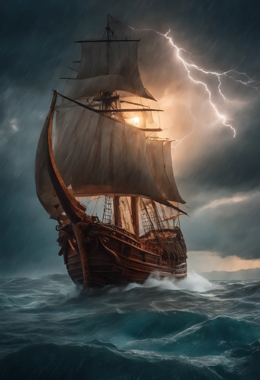 A wooden ship in the middle of the sea, thunderstorms and heavy rain, and the sky flashing with lightning and lightning, facing a dragon.