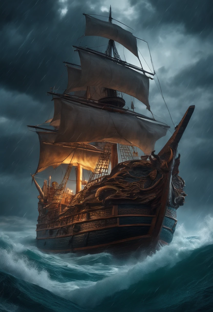 A wooden ship in the middle of the sea, thunderstorms and heavy rain, and the sky flashing with lightning and lightning, facing a dragon.