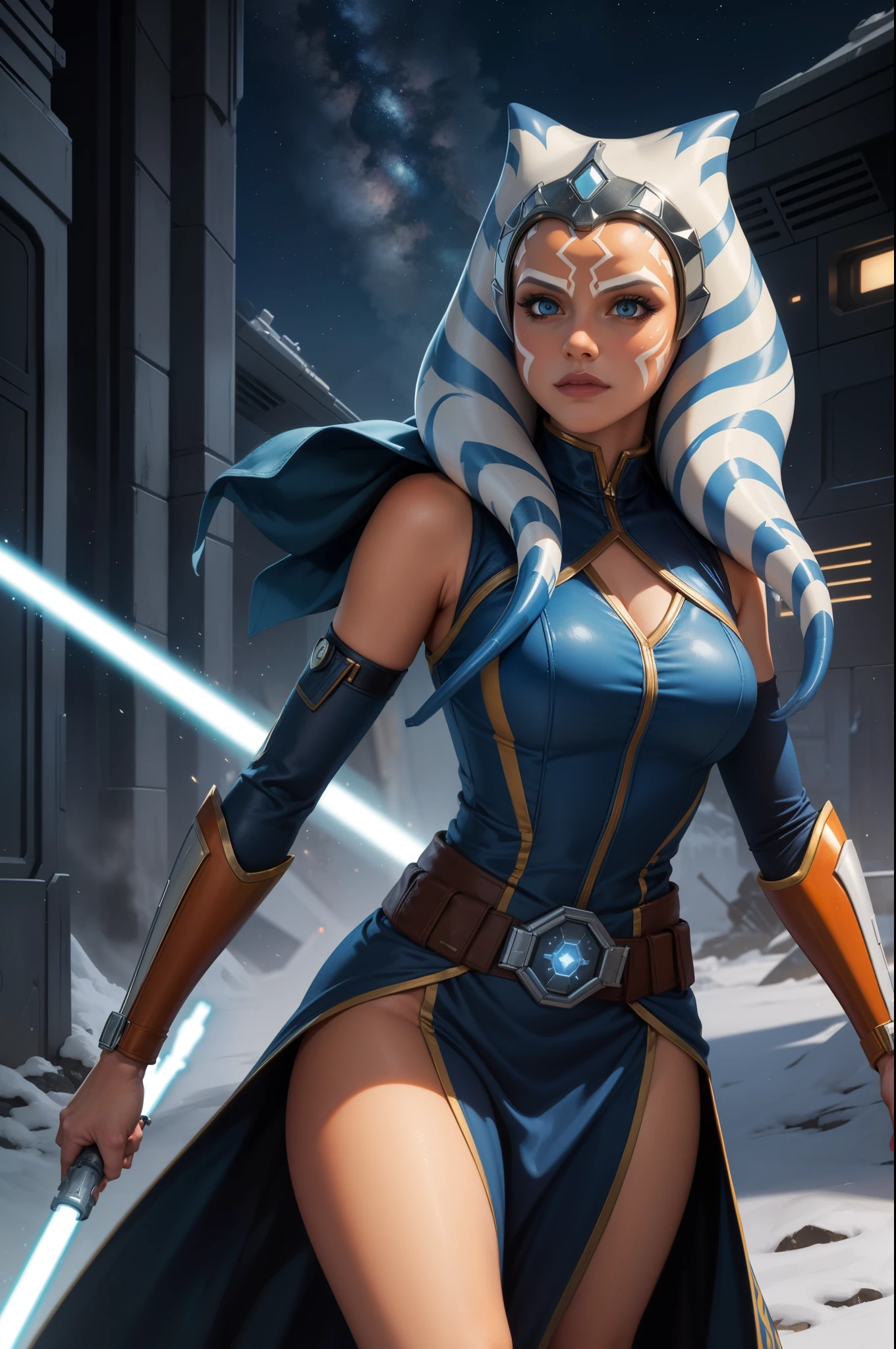 (ultra-detailed,highest resolution,masterpiece:1.2),vividly colored Ahsoka Tano in the Star Wars universe, with her striking blue and white patterned montrals and lekku. Radiant and determined expression on her face as she wields her dual white lightsabers. Ahsoka Tano's outfit consists of her customary orange and white robes, complete with detailed texture and flowing drape. The scene is set against a dramatic backdrop of a starry sky with futuristic cityscape, highlighting her Jedi prowess and grace. The lighting creates a soft ethereal glow, illuminating her surroundings with a touch of mystique. The overall art style is a seamless blend of photorealism and concept art, capturing the essence of Ahsoka Tano's character and the iconic Star Wars universe.