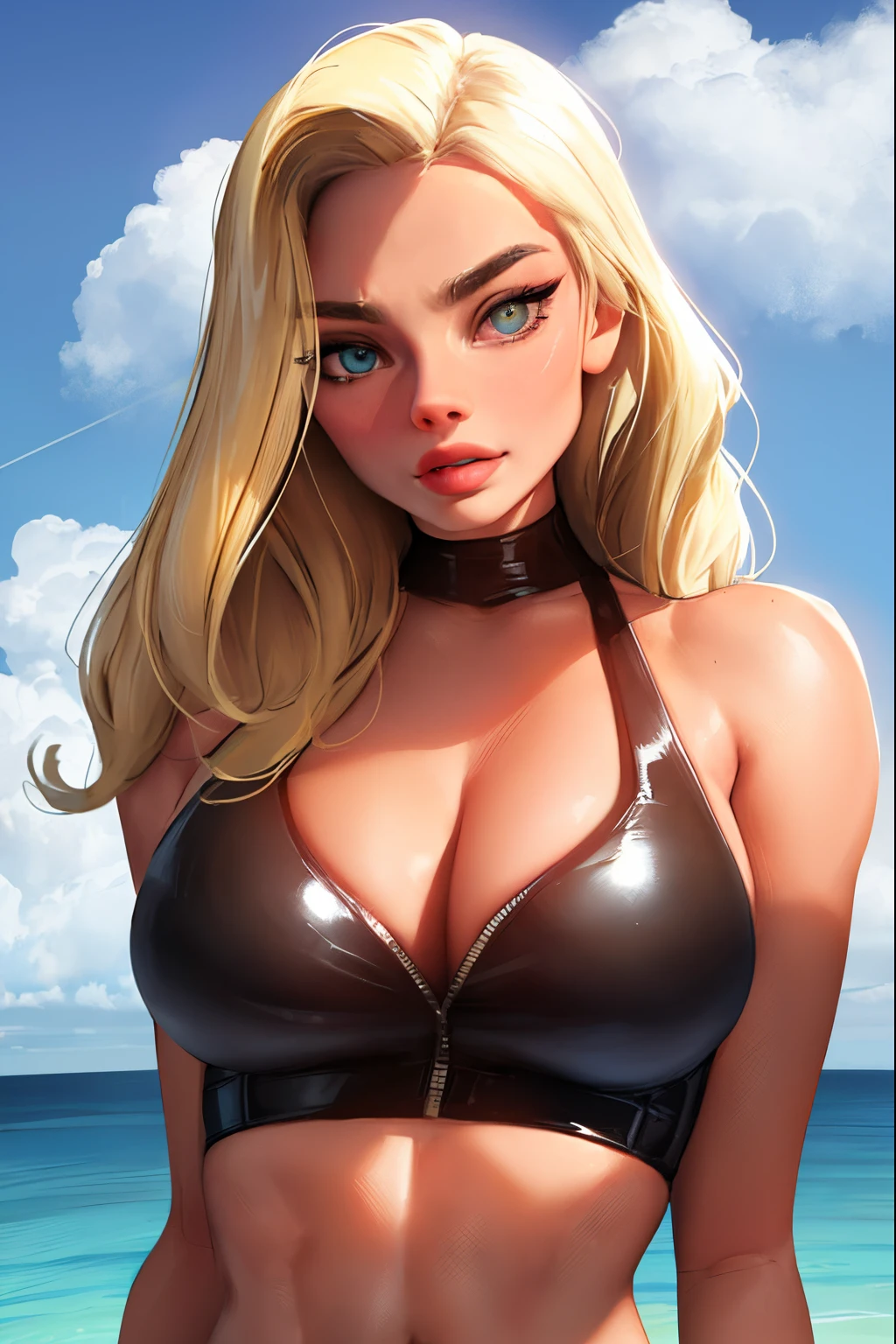 8k, 1.2, pechos grandes, fit body, cara extremadamente detallados, hermosos ojos ultra 4k detallados, Margot Robbie, cloudy day, high resolution, ultrasharp face and eyes, 8k, upper body and head, blonde long hair, cute, sensual look