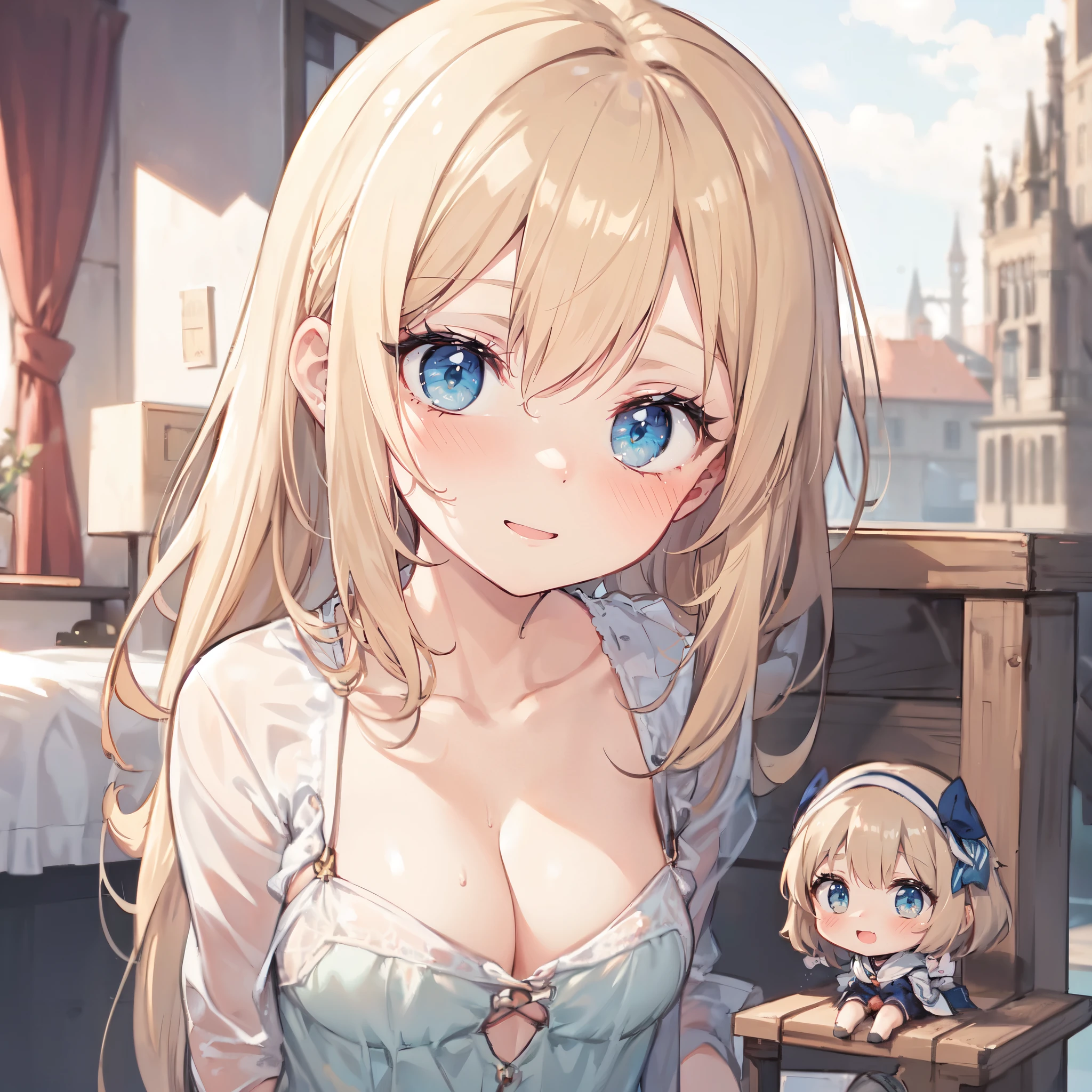 a minigirl on a platform in front of a giantess, a minigirl on a tiny platform in front of the breasts of a giantess, wooden,
huge (breasts:1.1), tall,
(rear end: 1.2), (2girls:1.8), (minigirl:1.1), shiny skin, sweaty, ((masterpiece)), happy, >:D, scared