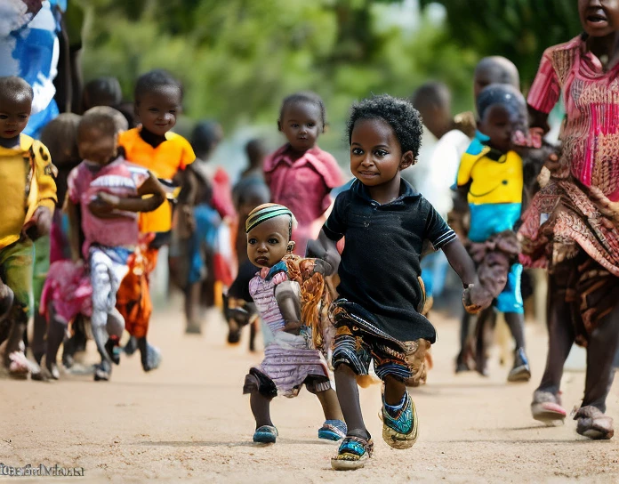 Draw a child of 2 years old is running holding a bottle of awine ( written geness) on his hand, at the back his mother is coming quicly to catch him closely when he is running. Both mother and child must be a black African, with realistick face and skins, real materials, and on public area surrounded behinds by the people looking them wondering them.