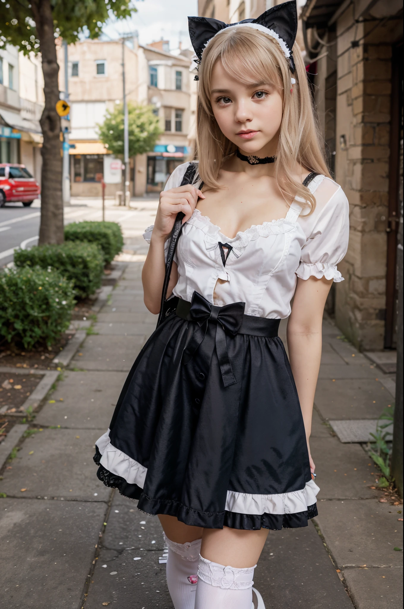 Superb detail, 8k photos, hyper-realism, professional light, realistic background, visual depth, background bokeh, wide angle lens, full body, (, cute, loli, flat cst, cat ears), 1girl, colored eyes, blonde hair, (Lolita fashion: 1.5), (lace, frilled shirt, white petticoat, sneakers), (plush toy), pink cute backpack, street, fashion