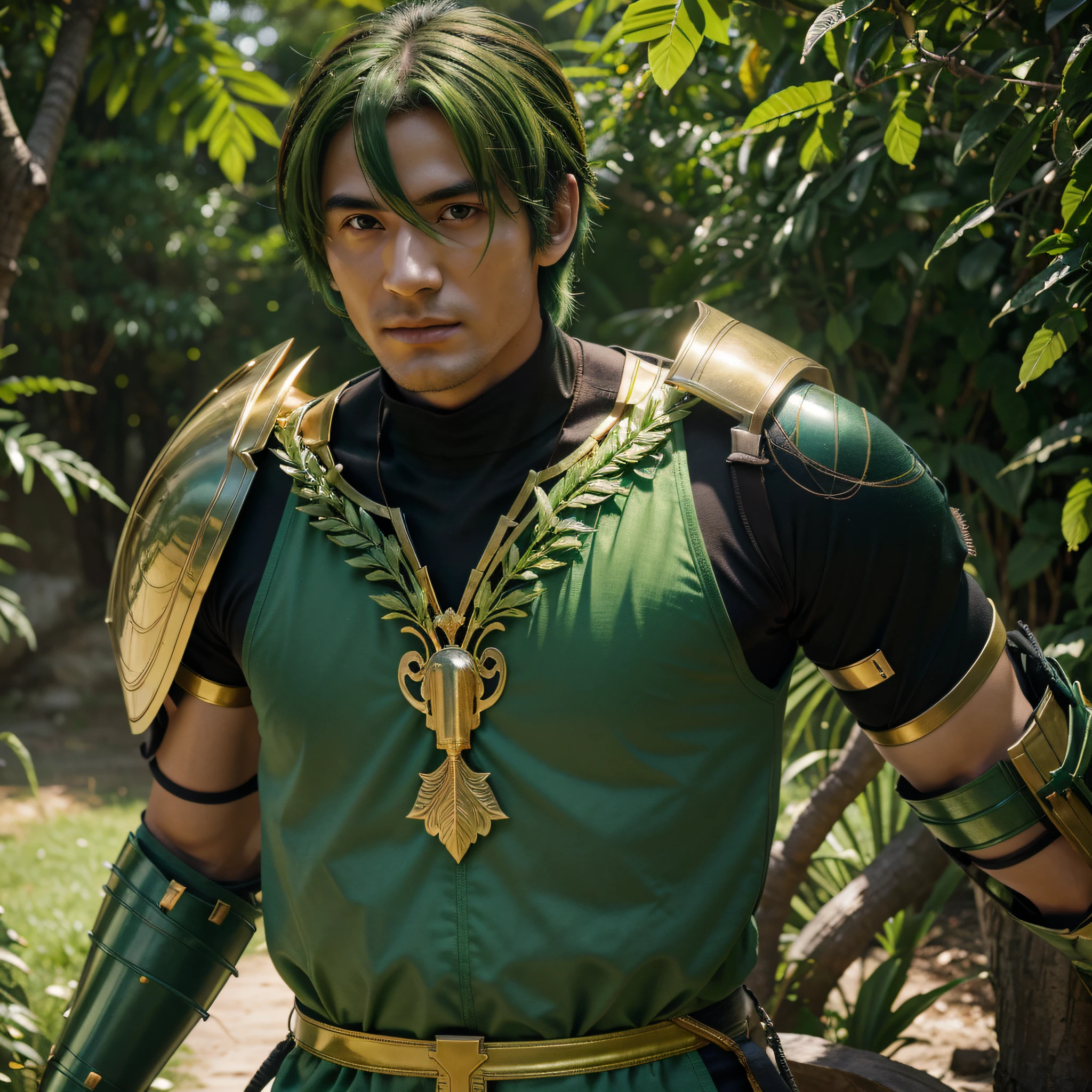 Ikikun was a man, his hair was in the shape of shiny leaves with bright colors, and his body was covered in green-gold armor. His golden green eyes radiated natural wisdom. Super hero. ((man))
Ikikun's main ability is the ability to communicate with plants and control natural elements. He can heal and strengthen plants around him, using them to protect his friends or create tactical strategies in battle. Apart from that, Ikikun has healing powers that can overcome wounds and illnesses.
((Creation))), ((Best Quality))), ((Ultra Detailed)), (Ultra Real), (Highly Detailed CG Illustrations), Cinematic Light, Realistic, handsome, Intricate Details, Full View, Natural arms, Cinematic Quality, Full Body, Green hair