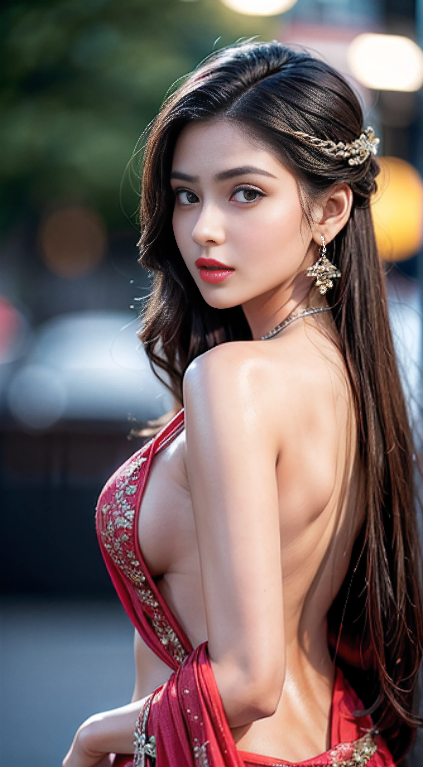 looking behind the tree, night bokeh effect background, perfect pink eyes, fantastic face, Indian, beautiful look, ((red lips, bright eyes, curve heir 1.5)), ((beautiful details body)), A glorious gorgeous, glorious gorgeous face, pretty face, bright eyes, detailed churidar, updo elegant hair, blurred gray tones background, ultra focus, face ilumined, face detailed, 8k resolution