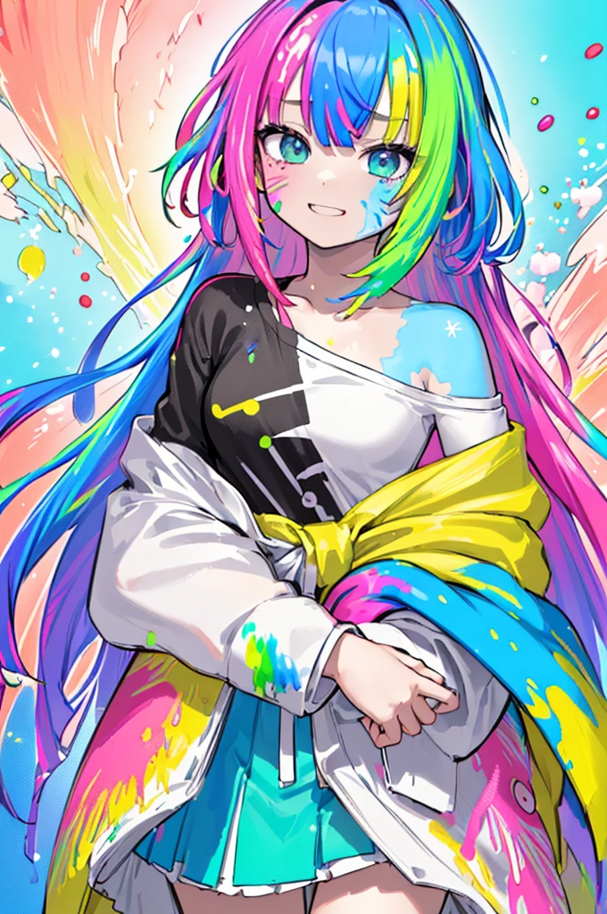 （Pink fashion T-shirt：1.9），(colorful hair: 1.8), (All colors of the rainbow: 1.8),(((((vertical drawing：1.6))), （drawing：1.6），front, comics, illustrations, drawings, big eyes, crystal clear eyes,（ Rainbow gradient high ponytail：1.7）, Exquisite makeup, Keep your mouth shut,(Little fresh: 1.5),(Wipe ?????: 1.6) ，long eyelashes, White off-shoulder T-shirt, white shoulder shirt，looking at the audience, 水汪汪的big eyes, (rainbow colored hair：1.6), 颜色飞splash, （alone：1.8）, 颜色飞splash, color explosion, thick draw style, messy lines, ((shining))，(rich and colorful), (rich and colorful), (rich and colorful), rich and colorful, Thick draw Style, (splash) (Color splash), Vertical drawing, Upper body, draw splash, acrylic paint, slope, draw, Highest image quality, best quality, masterpiece, alone, depth of field, Face draw, rich and colorful clothes, (elegant: 1.2), Gorgeous,long hair, Wind, (elegant: 1.3), (petal: 1.4)，(((masterpiece))),(((best quality))),((Super detailed)),(illustration),(Dynamic angle),((floating)),(draw),((disheveled hair)),(alone),(1 girl) , (((Detailed anima face))),((Beautiful and delicate face)),collar,???? shoulders,white hair, ((rich and colorful hair)),((striped hair)),Beautiful and delicate eyes,(slope color eyes),(((rich and colorful eyes))),(((rich and colorful background))),(((high saturation))),(((surrounded by rich and colorful splashes))),