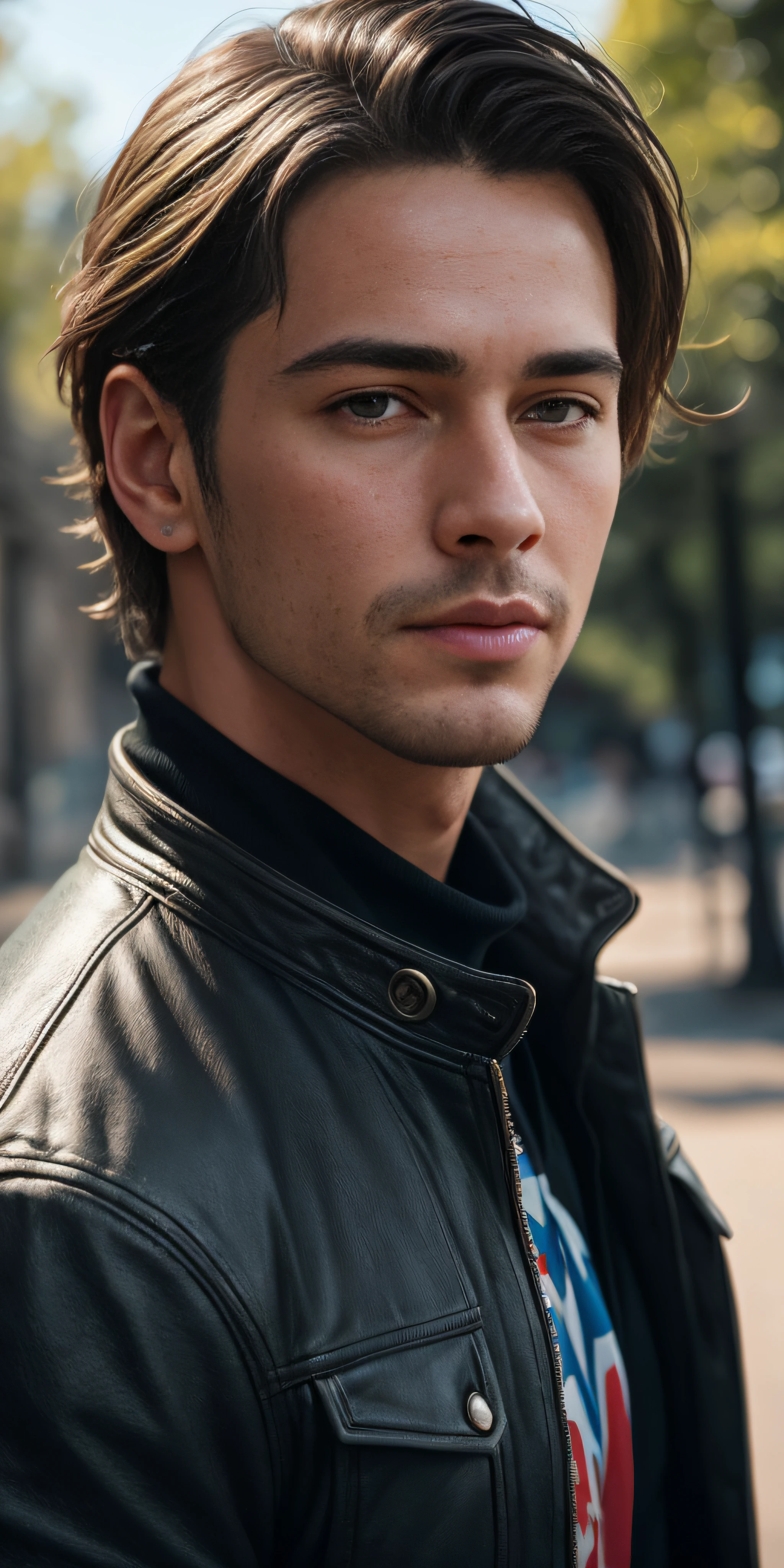 Handsome European guy, in park, photo-realistic, photo, tmasterpiece, realisti, 真实感, photo realism, High contrast, photorealistic digital art. Тренды Artstation 8k HD. Realistic detail in high resolution., Detailed, skin texture, hyper-detalied, realistic skin texture, beste-Qualit, extra high resolution, (photo-realistic: 1.4),, hight resolution, Detailed, RAW photo, abrupt repetition, Nikon D850 Camera Roll. 4 Kodak Portra 400 F1 lens..6 Rich colors, hyper realistic texture, dramatic lighting, UnrealEngine trend in Artstation Cinestill 800,