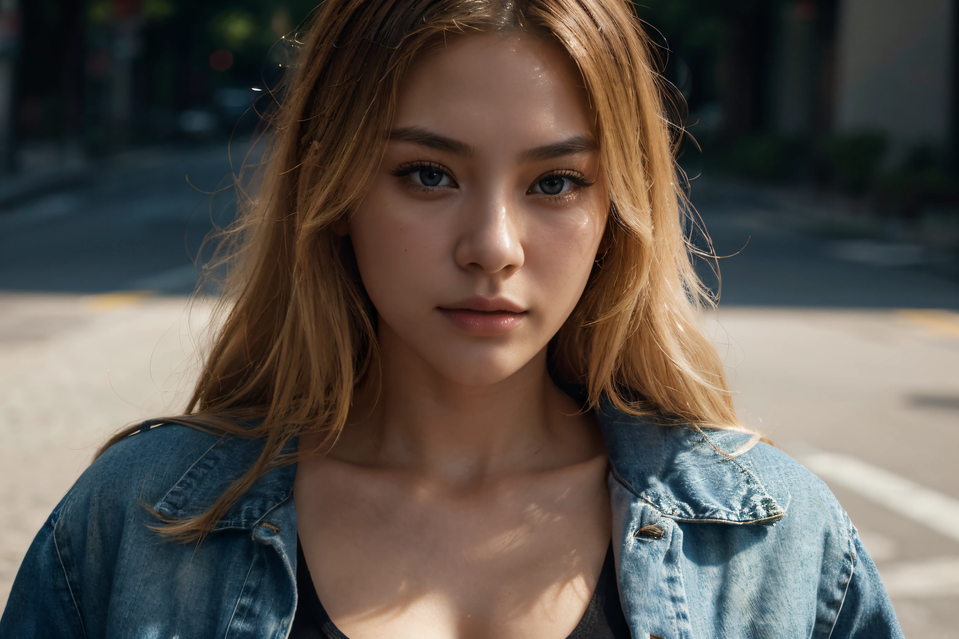 beautiful korean model woman with blonde hair using black tank top with denim jacket, detail face, she have a very bright eyes, realistic face, detail face, realistic skin, skin pore, vibrant, dramatic lighting, 8k resolution picture, high detail on the photo, very realistic picture, dramatic lighting, fullbody, depth, shadow, dramatic shadow, one of a kind photo, sharp photo, sharpness on the detail, looking at viewer, view from front, cleavage, (((Best Quality, masutepiece: 1.3)), long hair, ultra high res. photorealistic:.1.4, street background, blonde hair, standing straight to the camera view, high quality, masterpiece, 8K, UHD, UHD, retina, masterpiece, retina, UHD, masterpiece, ccurate, textured skin, super detail, high details, high quality, highres, best quality, award winning, 16k