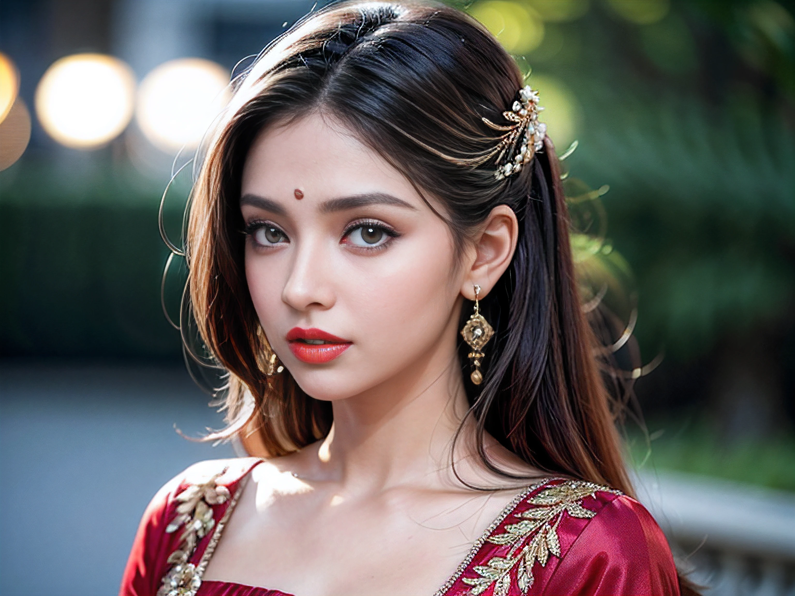 looking behind the tree, night bokeh effect background, perfect pink eyes, fantastic face, Indian, beautiful look, ((red lips, bright eyes, curve heir 1.5)), ((beautiful details body)), A glorious gorgeous, glorious gorgeous face, pretty face, bright eyes, detailed churidar, updo elegant hair, blurred gray tones background, ultra focus, face ilumined, face detailed, 8k resolution