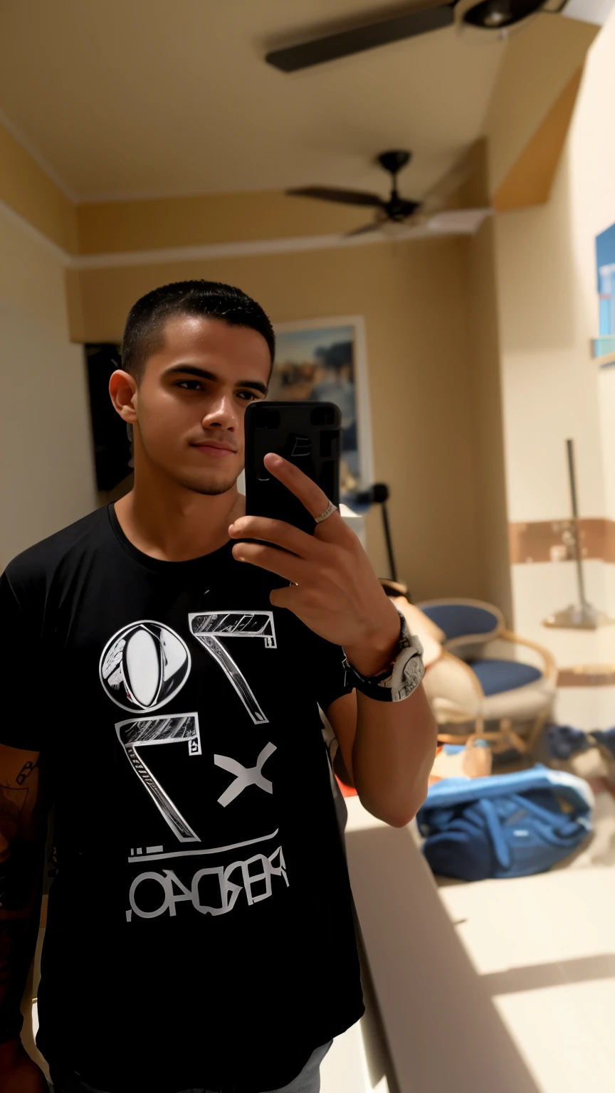 prompt A 3D movie poster in Disney-Pixar style of there is a man taking a picture of himself in the mirror, around 1 9 years old, caio santos, very very low quality picture, he is wearing a black t-shirt, frontal picture, by Nándor Katona, 1614572159, he is about 2 0 years old, he is about 20 years old