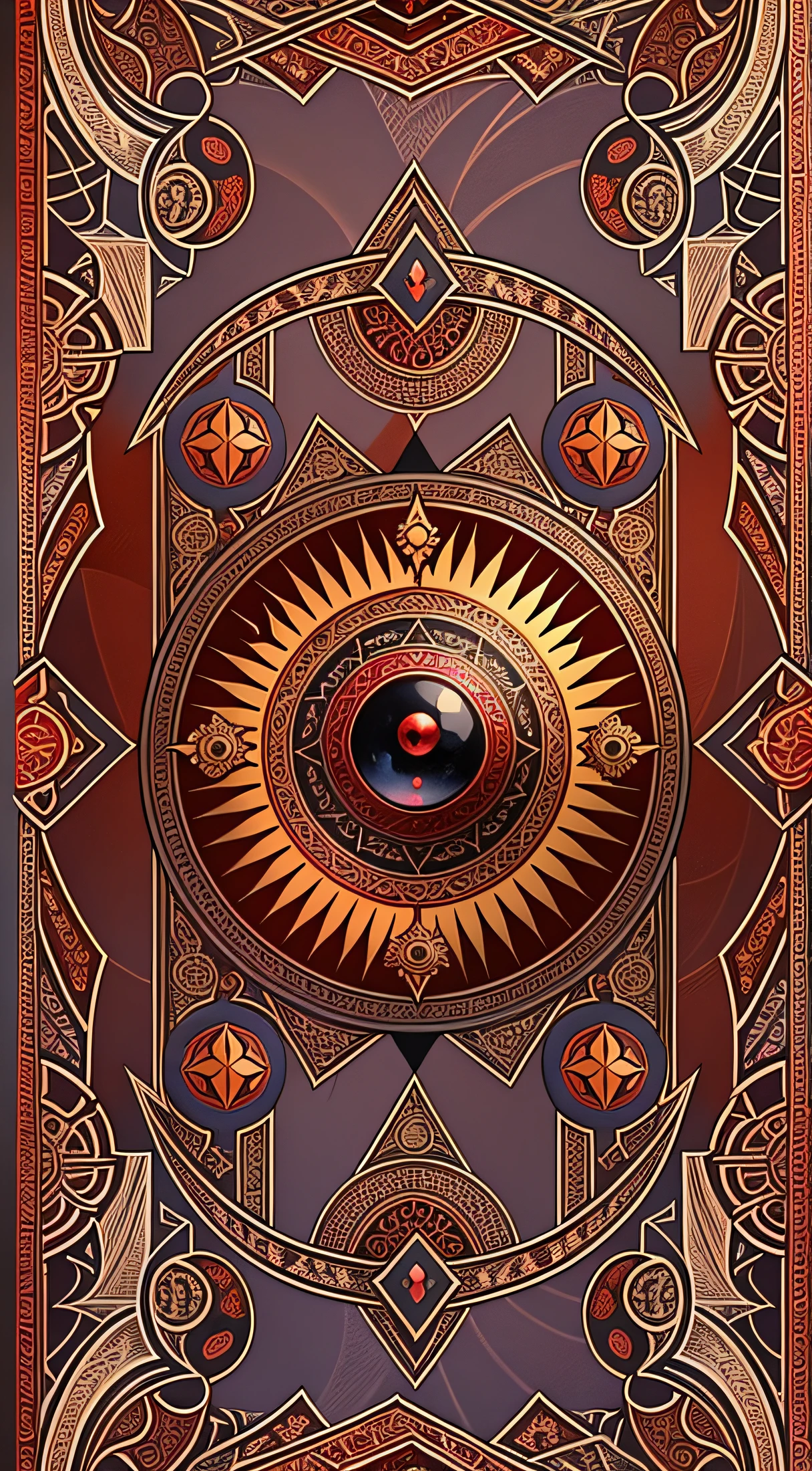 Tarot card design, symmetrically. card back, fractal, All eyes, symbols of fate, red background with gold patterns