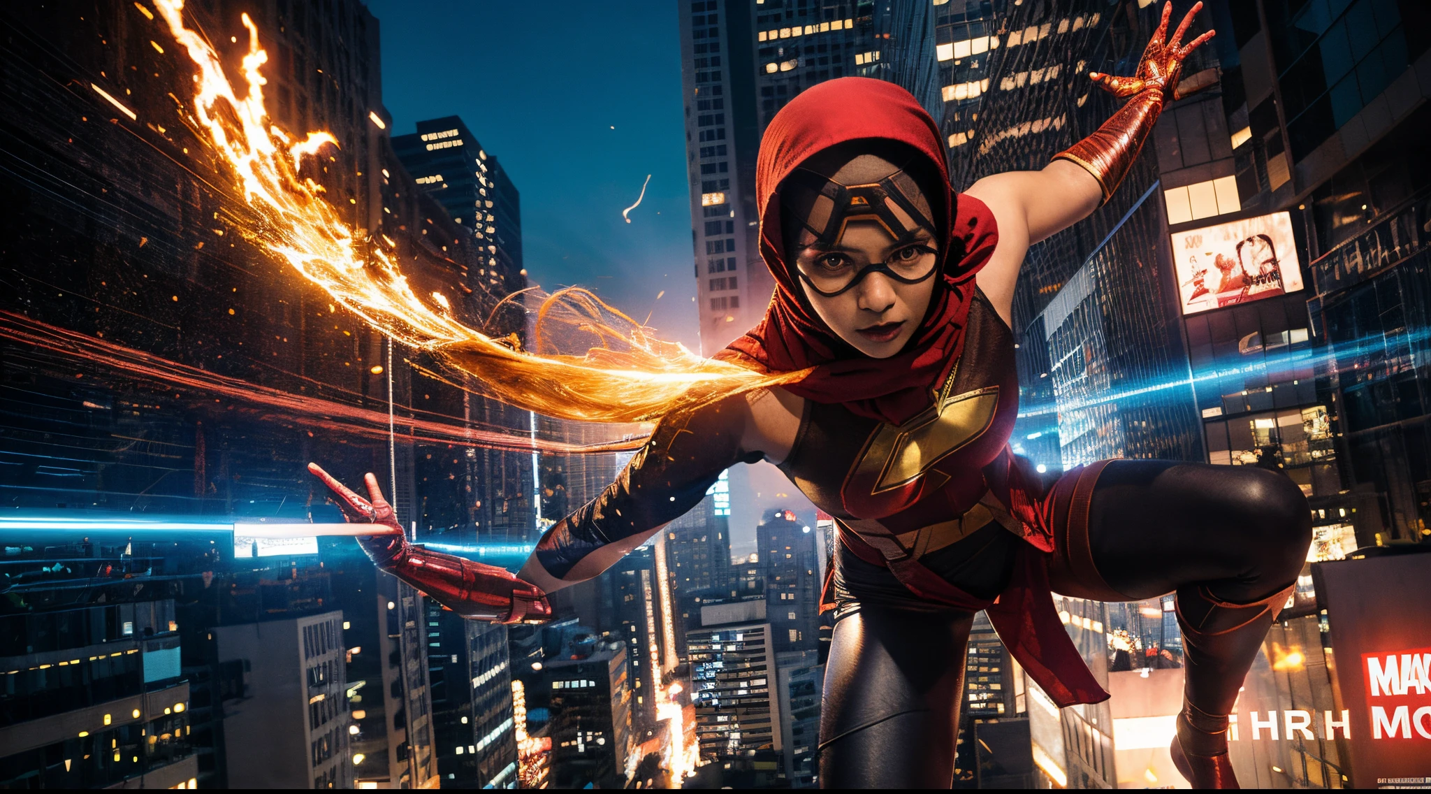 Create a dynamic and action-packed photomanipulation reminiscent of Marvel superhero movies. Feature the Malay girl in hijab showcasing her unique superpowers in a cityscape, surrounded by vivid colors and high-energy effects