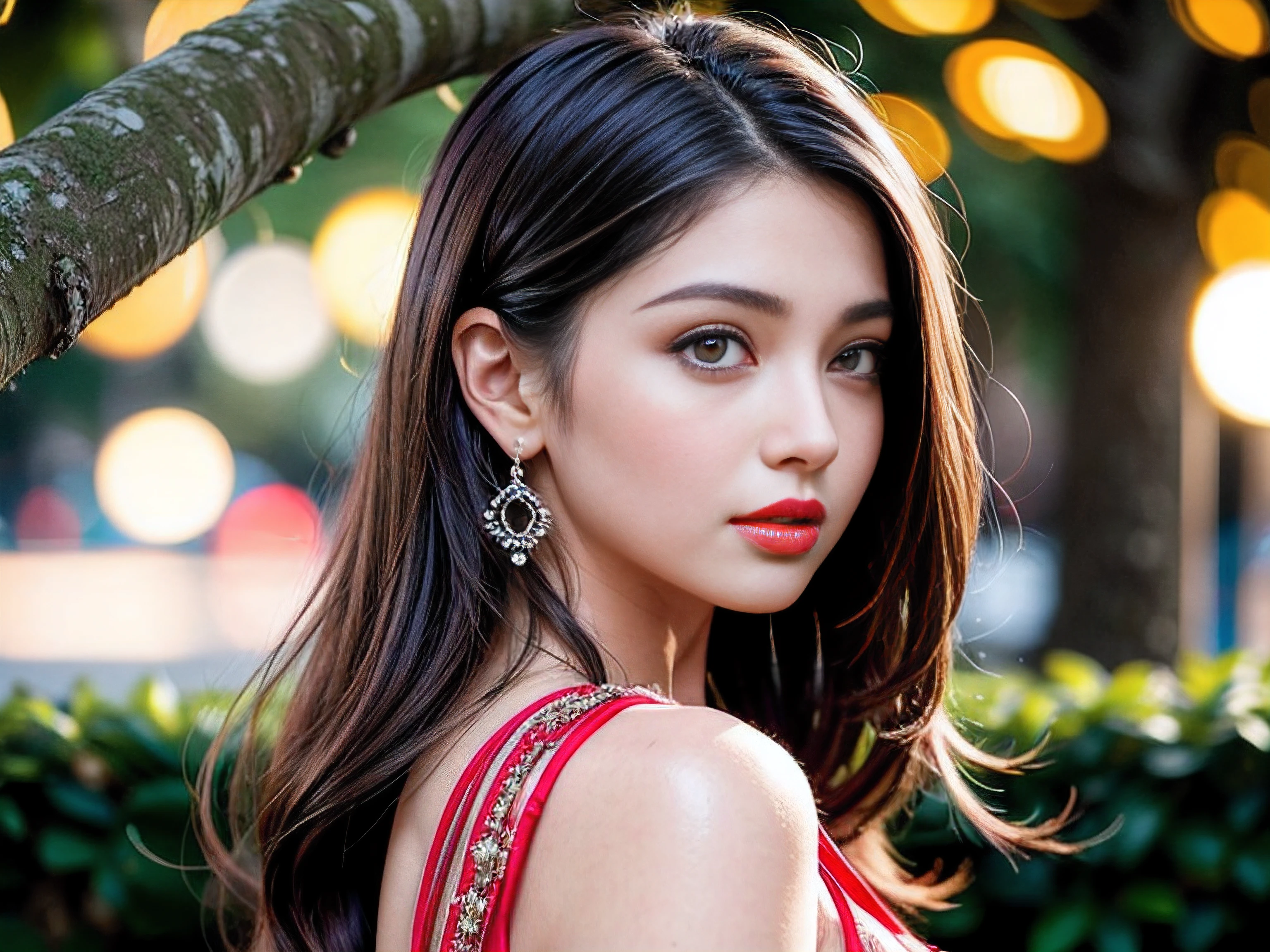 looking behind the tree, night bokeh effect background, perfect pink eyes, fantastic face, Indian, beautiful look, ((red lips, bright eyes, curve heir 1.5)), ((beautiful details body)), A glorious gorgeous, glorious gorgeous face, pretty face, bright eyes, detailed churidar, updo elegant hair, blurred gray tones background, ultra focus, face ilumined, face detailed, 8k resolution