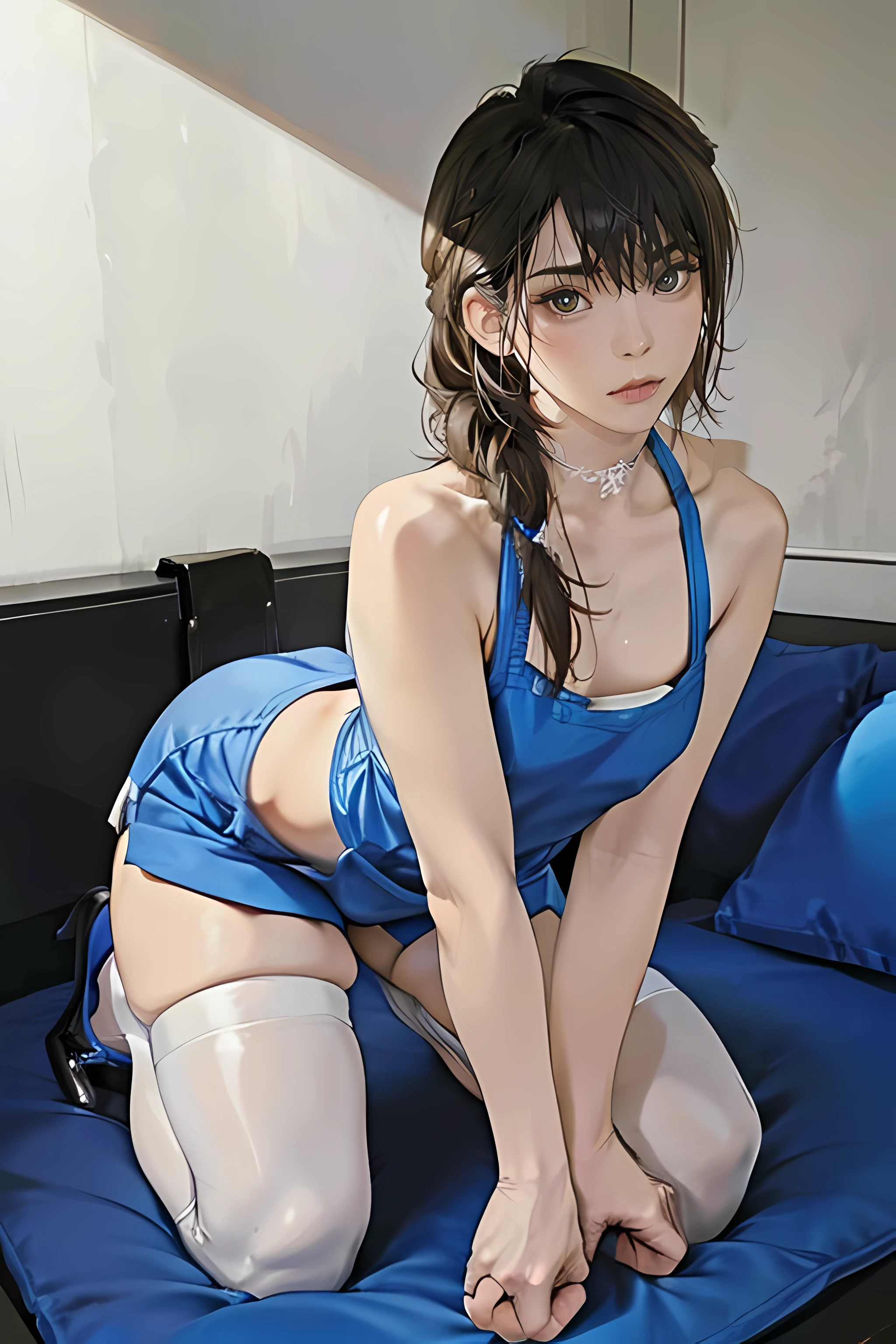 femboy, ((Masterpiece)), (Cute: 2.0), The face is extremely detailed, Enchanted expression, Strong gaze, Black Double French Braid, (Thin structure),Slightly round face,Tanned brown face, Healthy face, small eyes, Thin thighs, (Small chest), confident pose, harsh, Almond-shaped eyes, rich palette,choker necklace,3D,open-toe high heels, goddess,high heels, goddess, Lean-yet-toned body/androgynous body aesthetic, spasm,tgirl,large erect peni,dickie,penisS,trap,(, , large , testicles, large testicles, erection), CFemboy,Otoko no ko,OTOPIP,dickie in panties, bulge,black pantyhose,black stockings,big ass,kneeling,kneeling on the street,dynamic angle,devil,curvy waist, flat chest, navel,thick thighs,thighhighs,