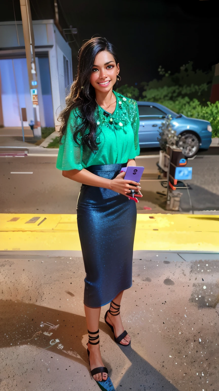 /prompt A 3D movie poster in Disney-Pixar style of there is a woman standing on the sidewalk in a green shirt, with teal clothes, taken in the night, photo taken in 2 0 2 0, wearing green, 30-year-old woman from cuba, taken in the early 2020s, green and black, full body picture, green clothes, gorgeous lady, wearing an elegant outfit