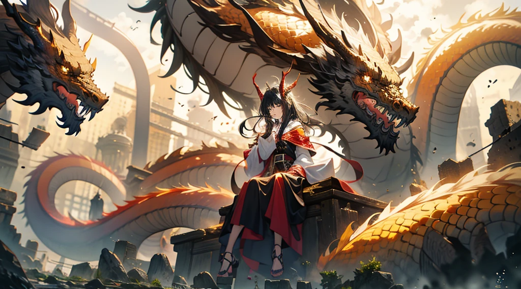 black-haired girl sitting on the head of a golden dragon