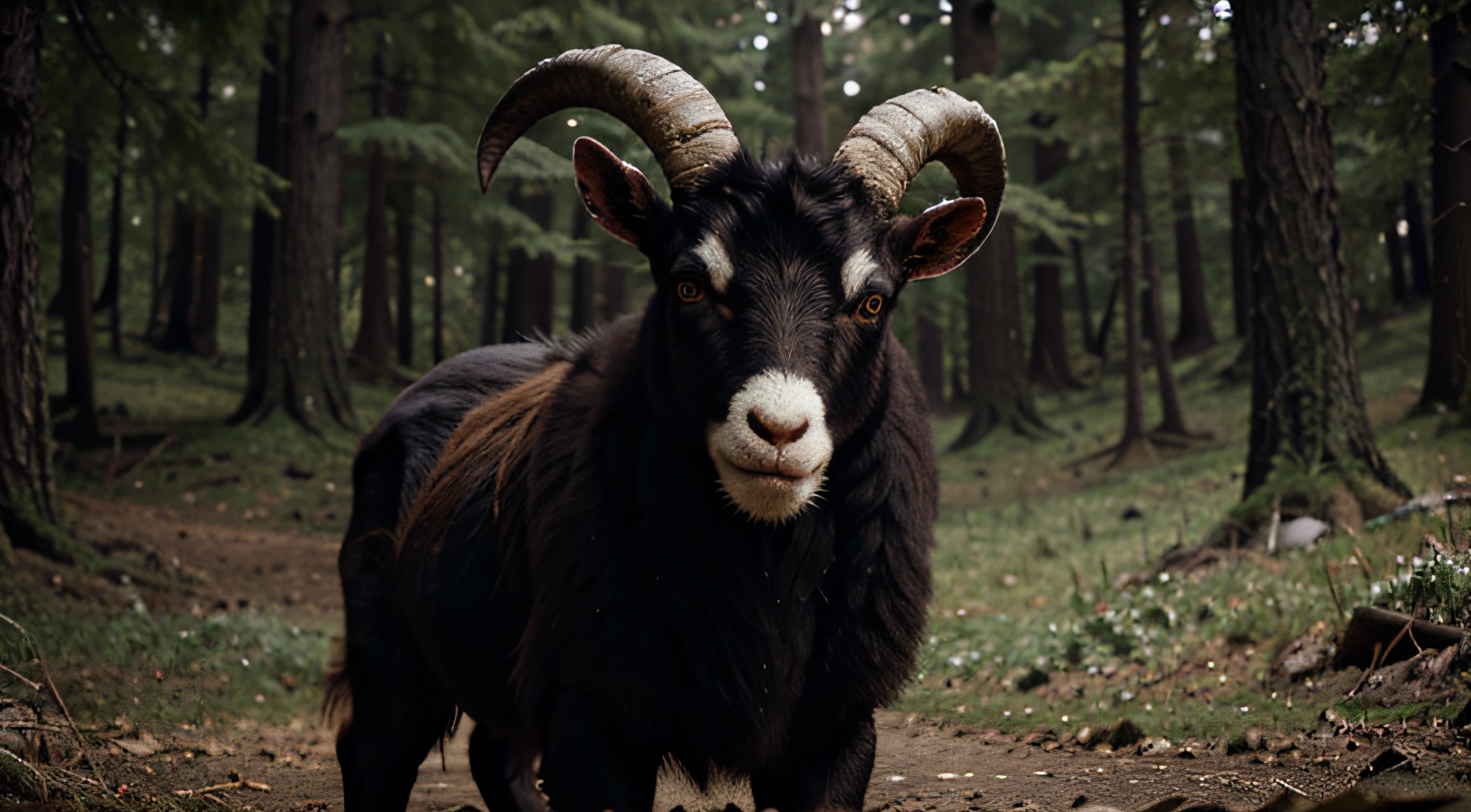 Evil man with horrible goat face in full detail standing in otherworldly forest roaring close-up