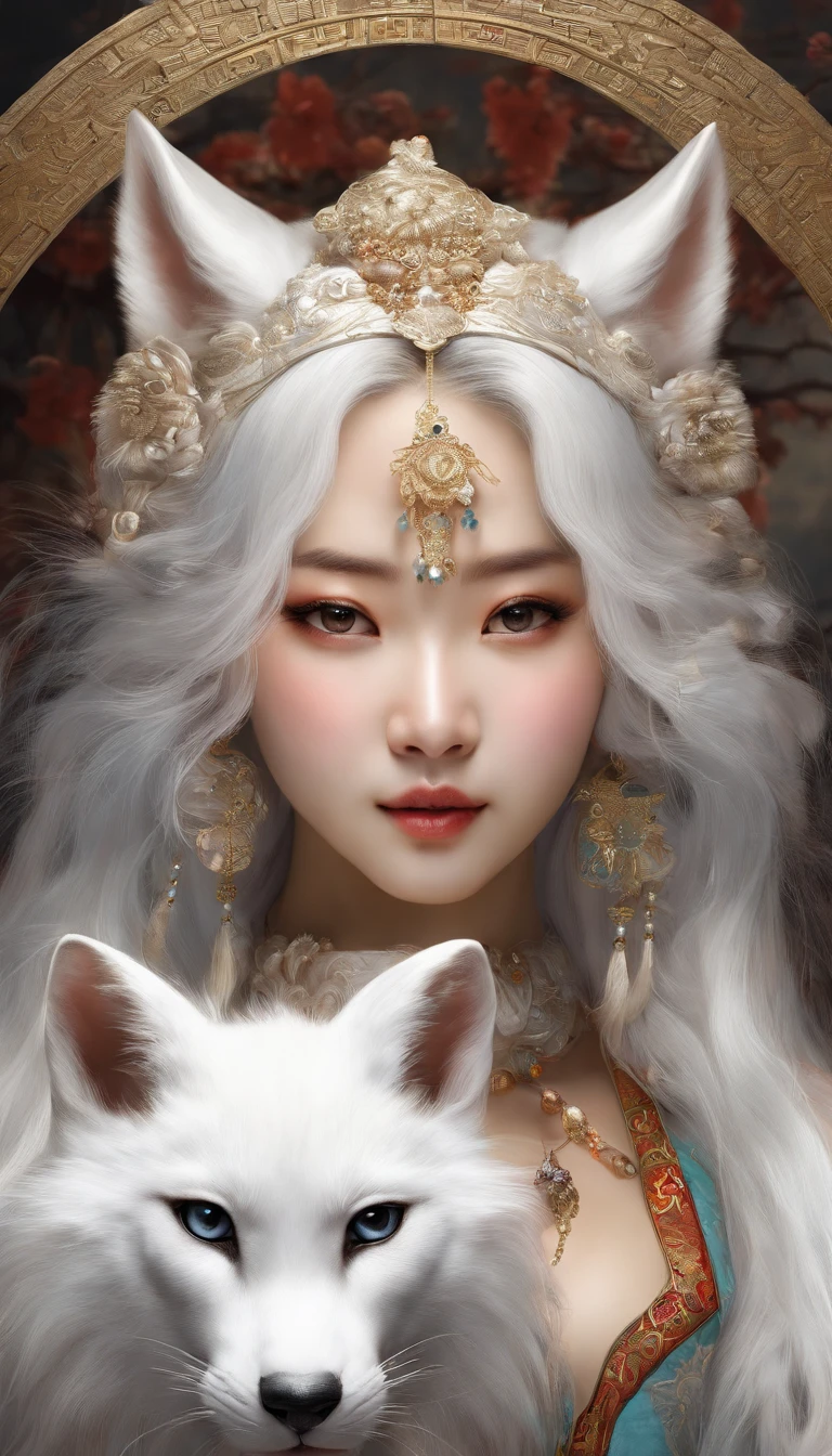 Chinese traditional culture, 1 girl, white fox, fox fairy, characteristic, exquisite and beautiful facial features, wearing a white lion head, dancing with her hands, festive