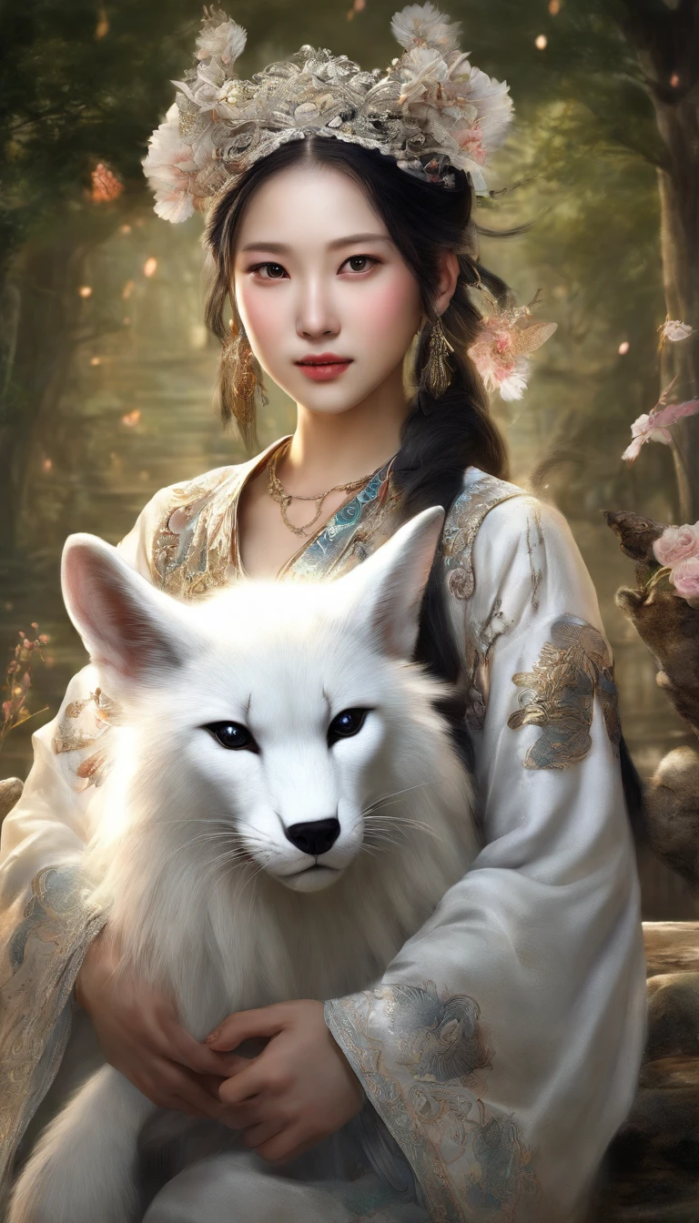 Chinese traditional culture, 1 girl, white fox, fox fairy, characteristic, exquisite and beautiful facial features, wearing a white lion head, dancing with her hands, festive