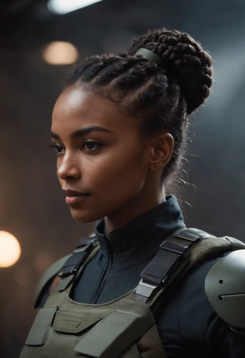 A beautiful black female military specialist with a braided bun dressed in tactical gear erecting a powerful Shield, With futuristic technology, to protect her team from an electrical lightning attack, Dynamic lighting intricate details Unreal Engine 5 kodac Style