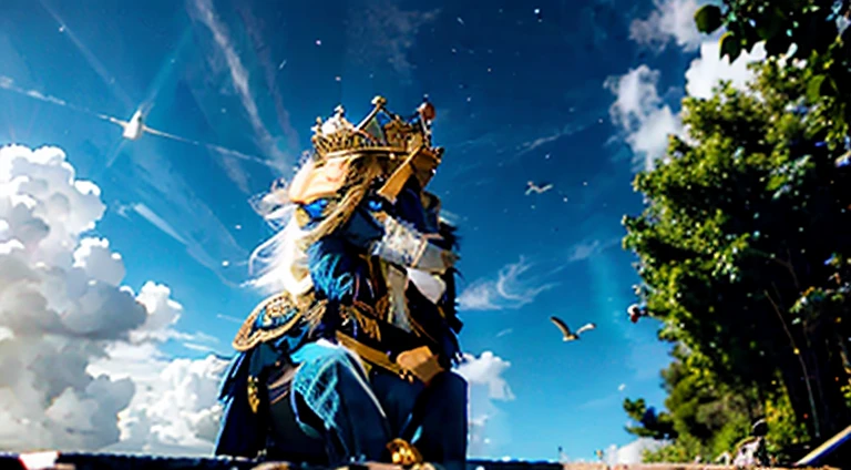 BLONDE PRINCESS WITH PERFECT AND BEAUTIFUL GOLDEN EYES WITH DIAMOND CROWN IN A BLUE DRESS WITH GOLD, ON TOP OF A DRAGON IN THE ENCHANTED VALLEY AND SEVERAL BIRDS IN THE SKY.