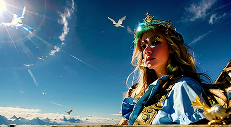 BLONDE PRINCESS WITH PERFECT AND BEAUTIFUL GOLDEN EYES WITH DIAMOND CROWN IN A BLUE DRESS WITH GOLD, ON TOP OF A DRAGON IN THE ENCHANTED VALLEY AND SEVERAL BIRDS IN THE SKY.