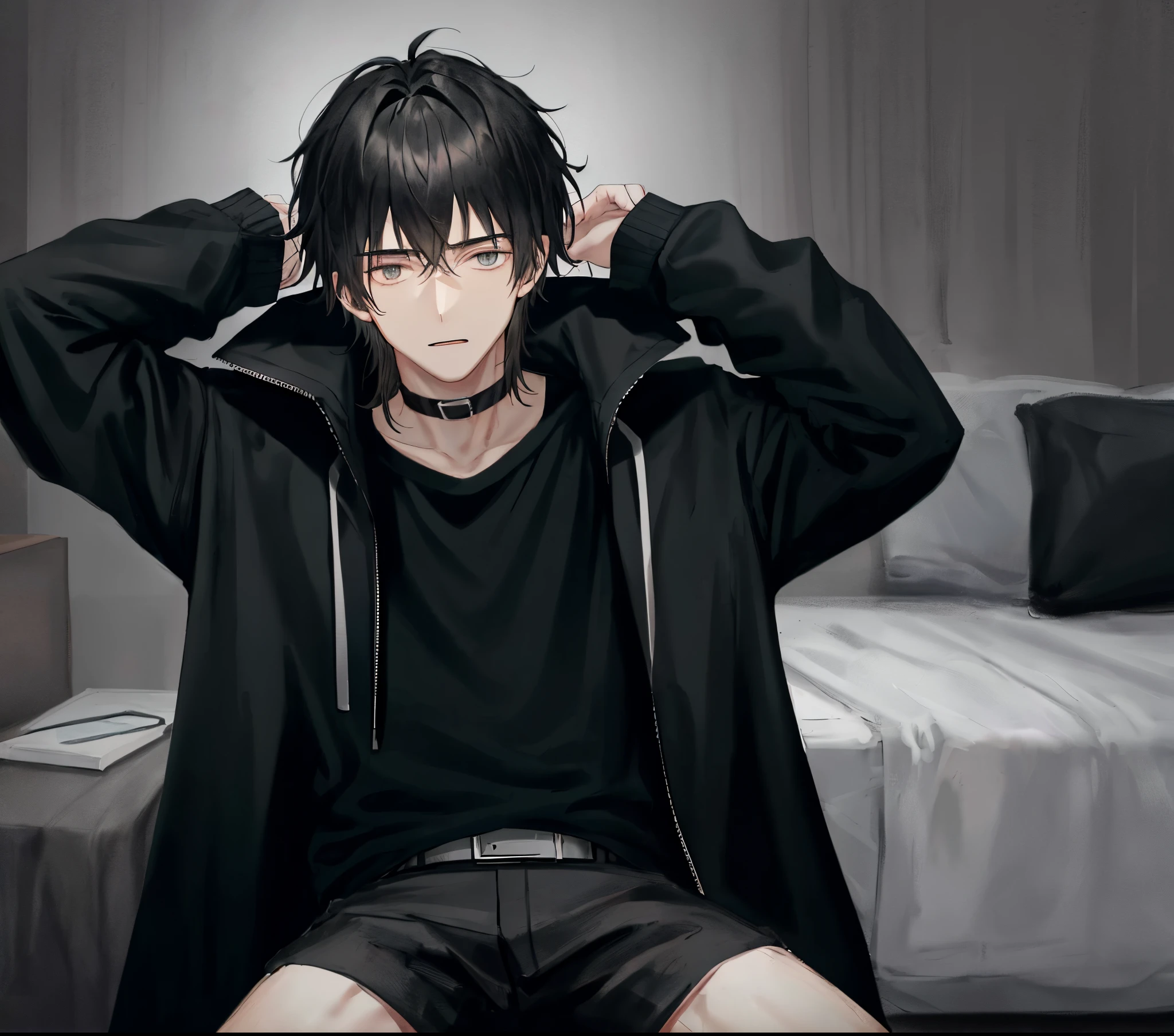 gloomy atmosphere, realistic rendering, 4K resolution, HDR enhancement, a teenage boy, cute face, black hair, black eye, grumpy face, nervous look, defiant but sad eyes, wears a black hoodie, in a room, sitting on a gaming chair, hand on his chin.