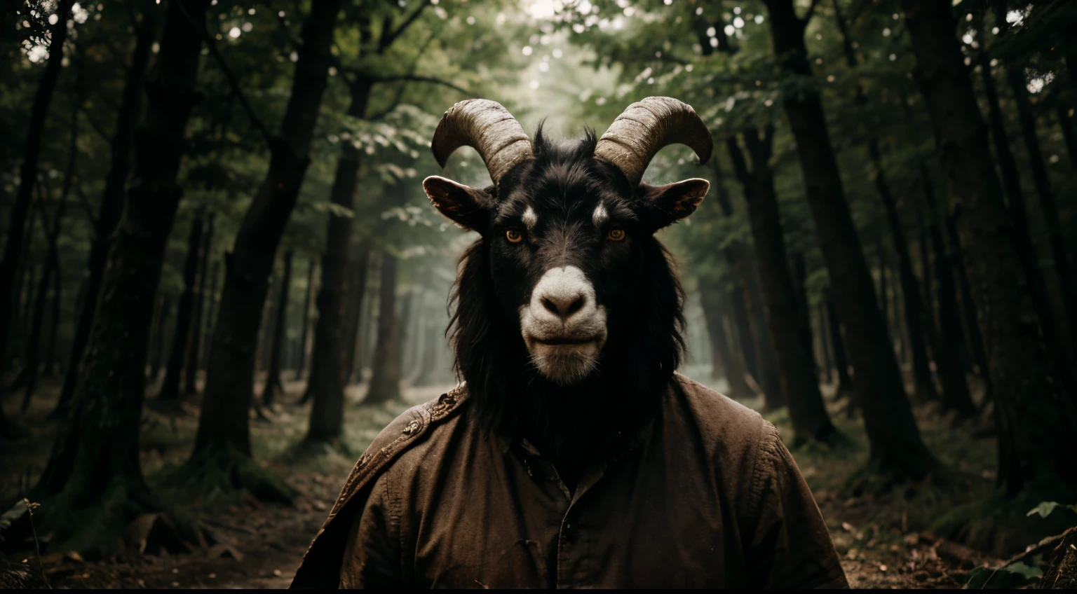 Evil man with horrible goat face in full detail standing in otherworldly forest roaring close-up