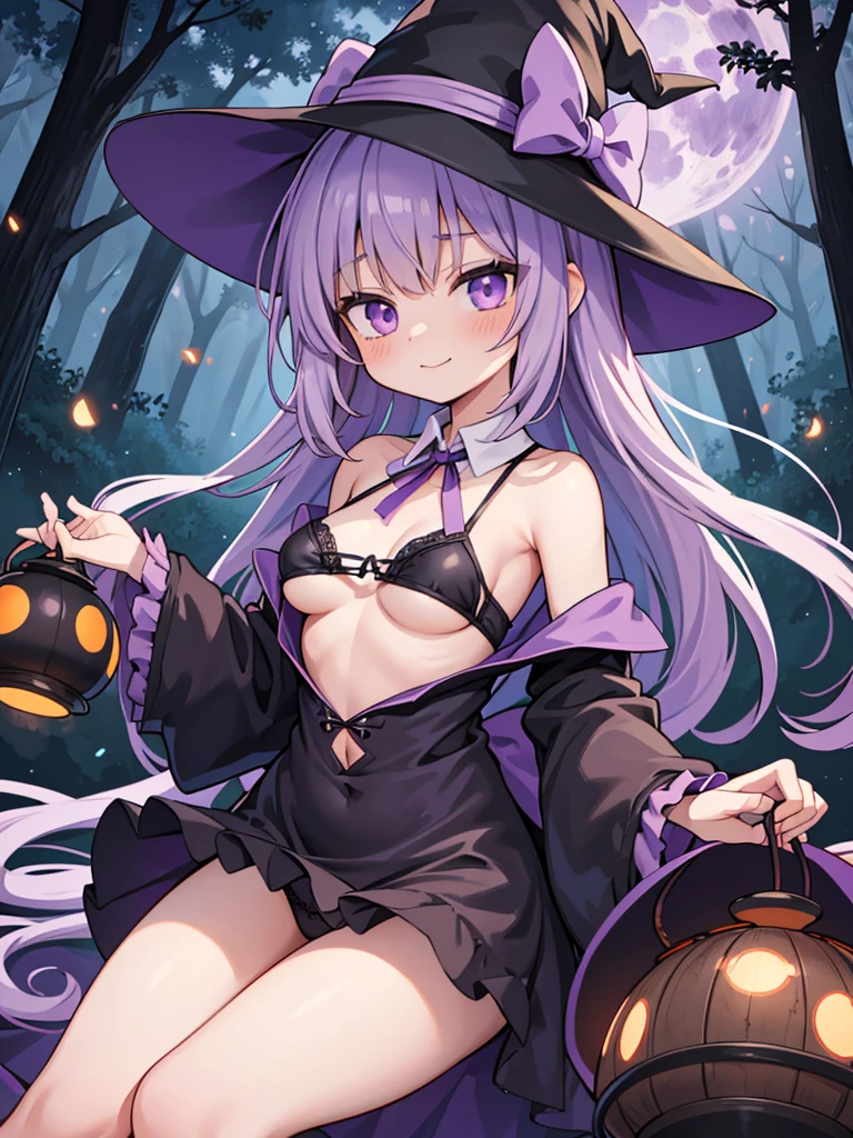 1 ite anime girl, lolita, confident smirk, large witch hat, black ruffled lolita dress is very short in front, panties visible, underboob, small breasts, bare navel exposed, purple ribbons on her dress, purple belts, purple straps, white heart-shaped ribbons on dress, large purple ribbon on hat, atop a giant orange mushroom, tall purple and orange mushrooms looming above her in background, fireflies, forest clearing, witch's cauldron, nighttime, moonlight, very skimpy clothes, nipple_outline, legs positioned apart from each other, make skirt shorter, purple lacy panties