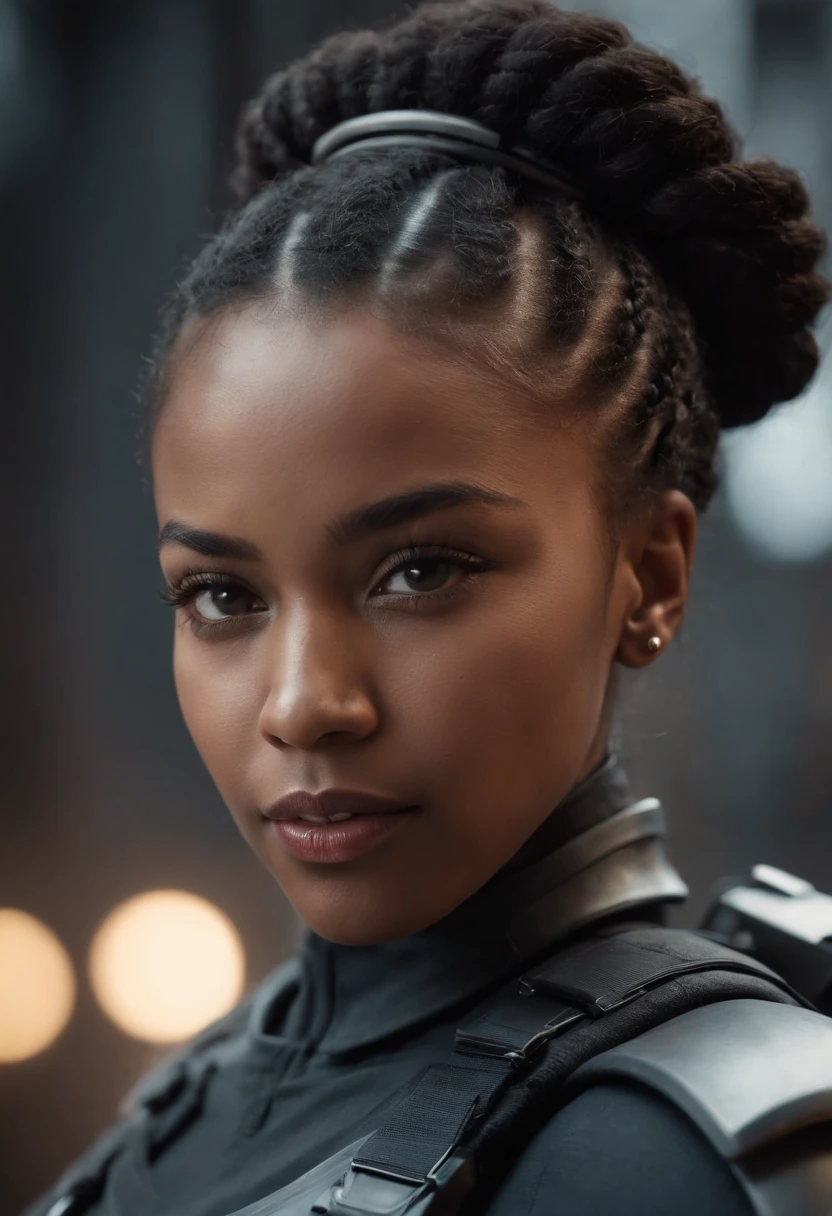 A beautiful black female military specialist with a braided bun dressed in tactical gear erecting a powerful Shield, With futuristic technology, to protect her team from an electrical lightning attack, Dynamic lighting intricate details Unreal Engine 5 kodac Style