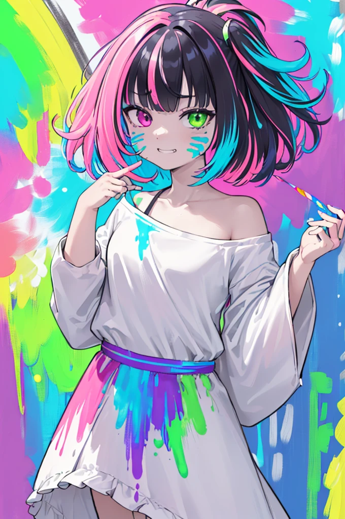 (masterpiece、top-quality:1.5、a high chroma:1.5、ultra-detailliert、high-resolution illustrations:1.5、Ultra-high-definition CG、8k size wallpaper、offcial art、production art)、Skin quality improvement,,((Vivid Color:1.5))、(colourfull:1.5),((Fluorescent color:1.5)),((doodle:1.7))、((Multicolored fluorescent colors for costumes((Spread a lot)).:1.7))、((Paint on the face, Body, And clothes:1.8))、tilt of the head、((colorful fluorescent hair:1.7))、()、(close to viewer:1.5)、((single bare shoulder sweater long:1.2)、(Eyes are blue)、(girl with)、medium breasts、(Very short hair),(Excited eyes),(Gradient Eyes)、(grinning evily:1.3),(Cowboy Shot),(),(Standing)、()
