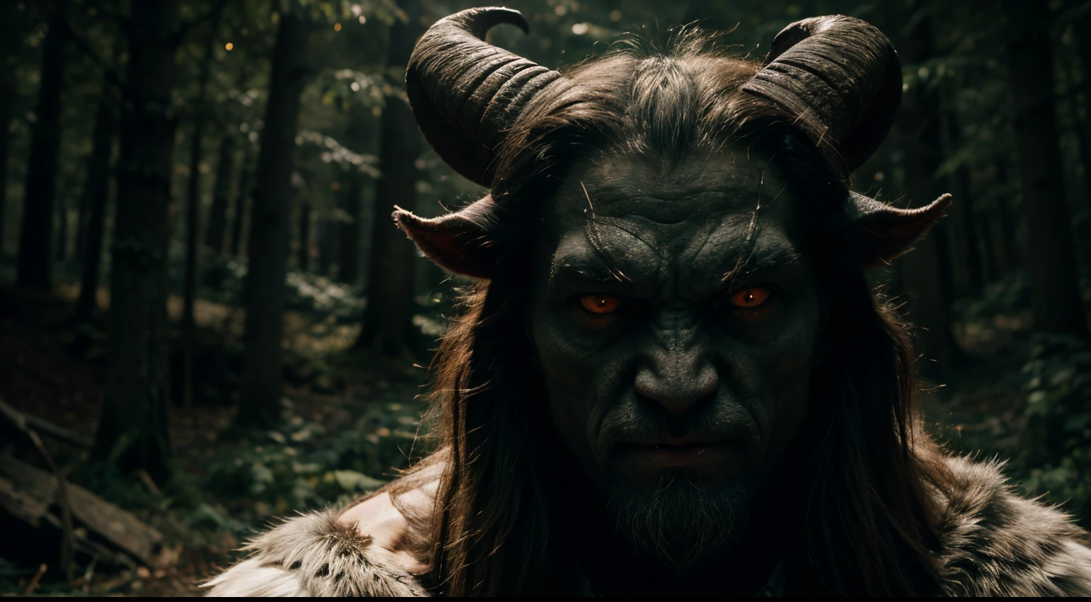 Evil man with horrible goat face in full detail standing in otherworldly forest roaring close-up