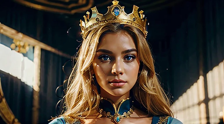 A beautiful woman with flowing blonde hair and striking blue eyes, adorned in a golden and blue fantasy armor, standing confidently in front of a majestic medieval castle with a warm sunset sky in the background. She wears a crown with red jewels, and her outfit is detailed with intricate gold and silver embroidery