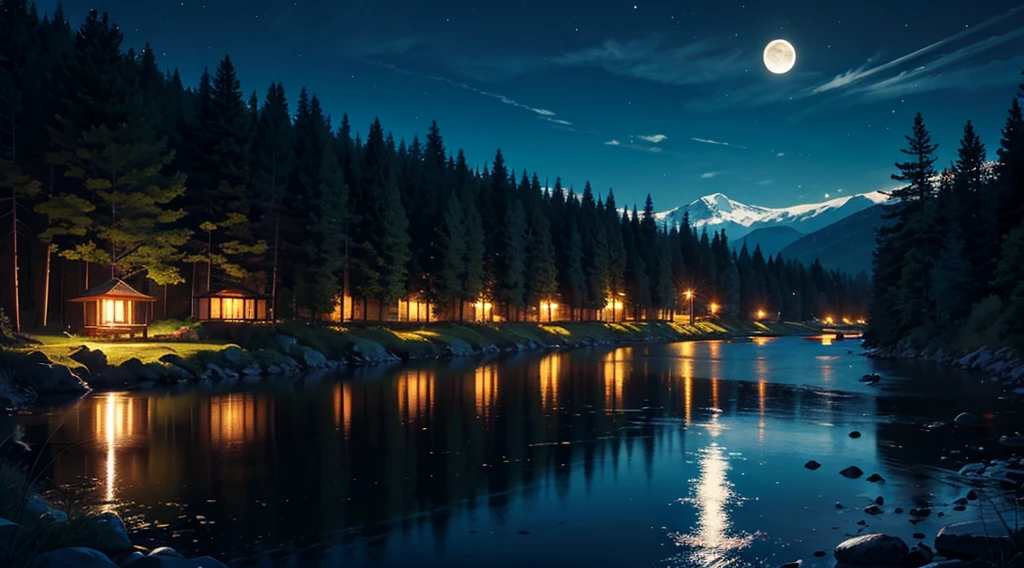 fantastic night forest, moon, clear water