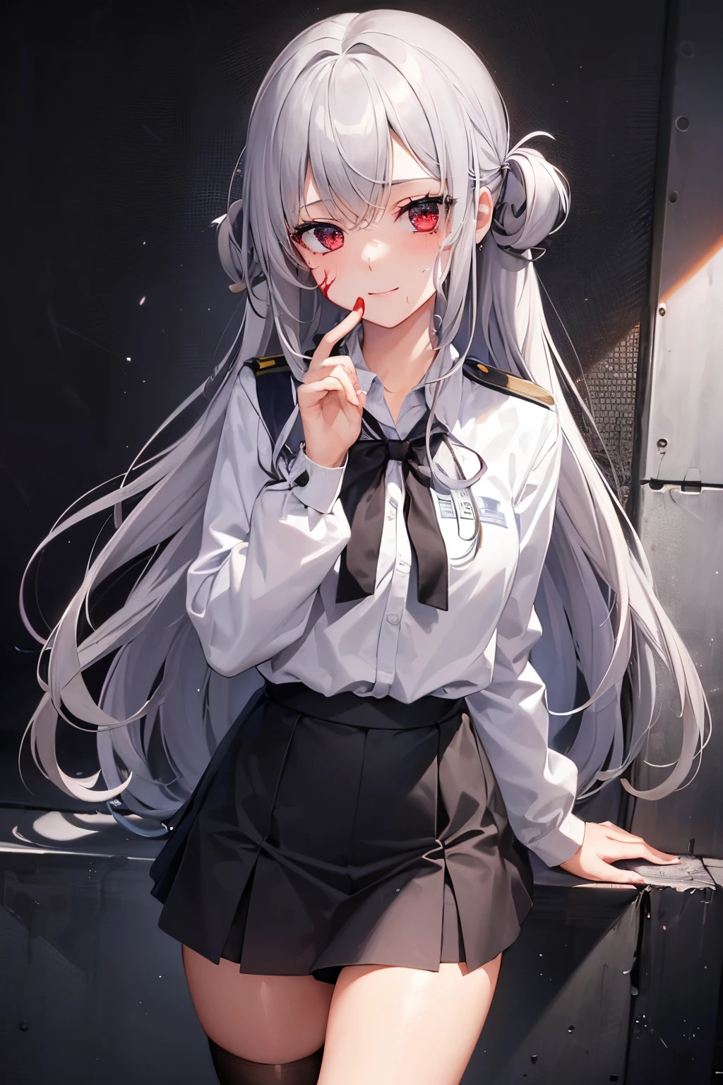 A girl in a school uniform standing, smiling deviously, ((crazy)), insane, blood on smear on face, ((wide eyed)), looking at viewer, grey hair ((torso)), side bangs, long hair, (hair pin), (full body:0.7), twirling her hair with one hand, prefect fingers