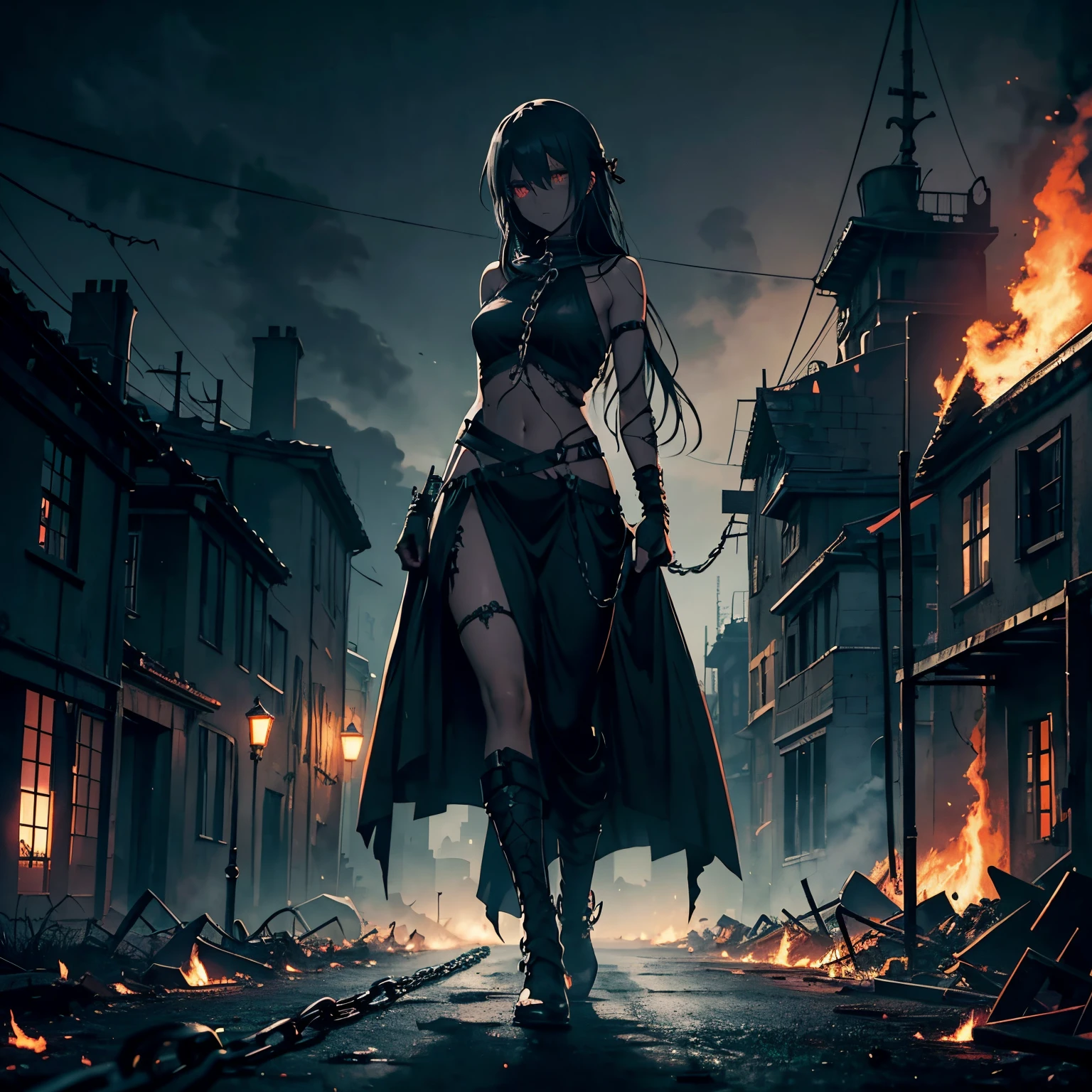 full body portrait, dystopian atmosphere, ruin and decay, loneliness, anime girl, Demon Girl, dark skin, ((Dark black skin)), black skin, Ashy Skin, Black Ash Skin, glowing orange eyes, lowered gaze, Black Ash Hair, long hair, open belly, white cloth bandages, less clothing, lots of chains, many chains, very massive chains in hands, stands, burning medieval city, gloomy blood red fire, Black Sky, Pitch Black Night, Dark atmosphere, Dark overcast sky
